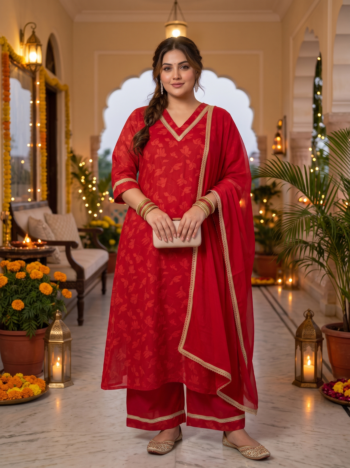 Radiant Red Cotton Cambric Festive Kurta Pant Set with Dupatta (Set Of 3)