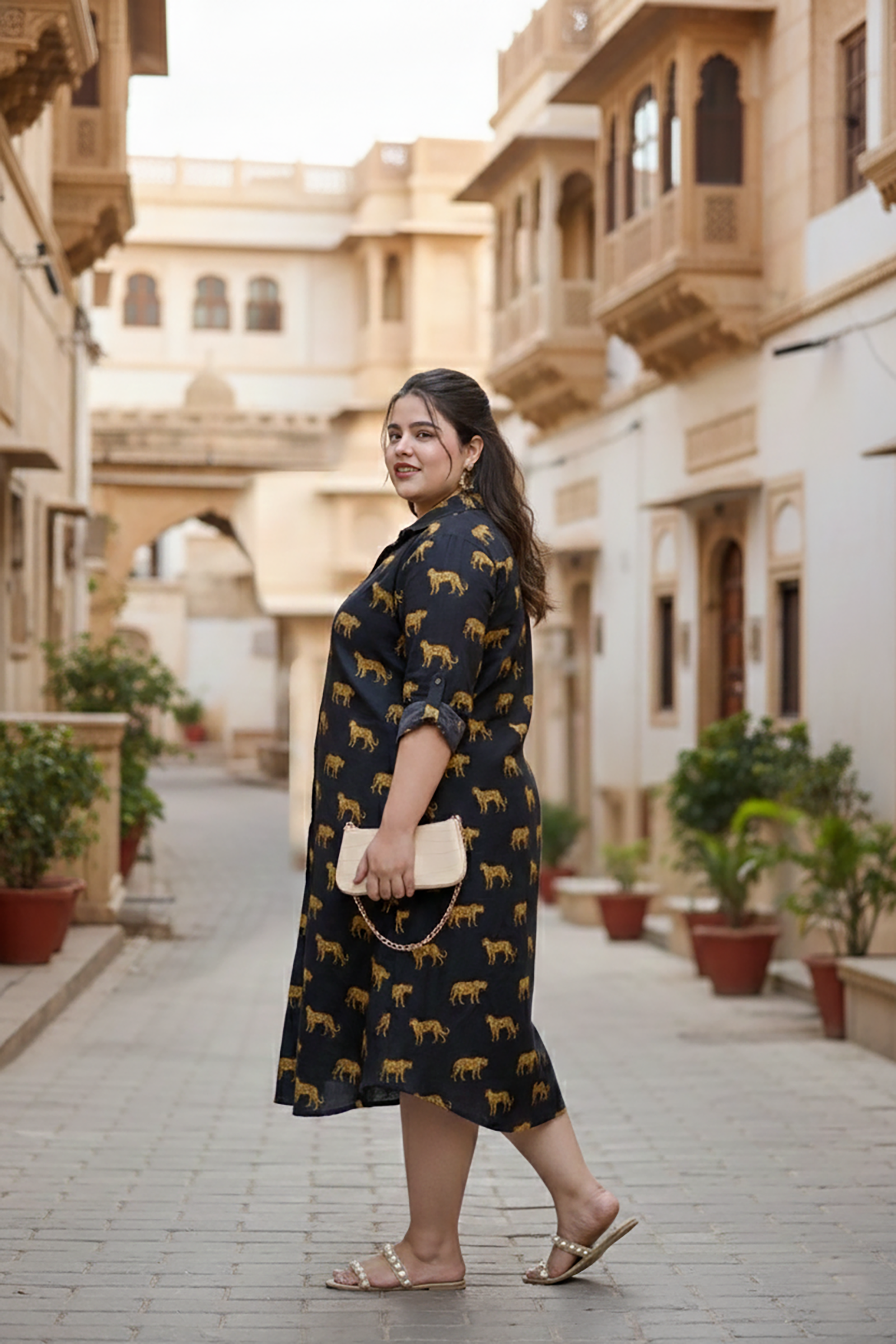 Cheetah Print Cotton Black Shirt Dress