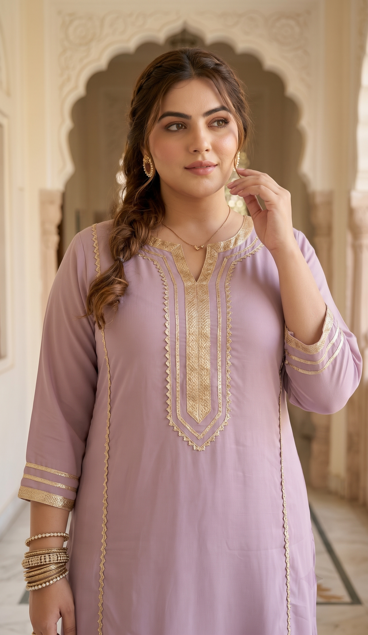Plus Size Lavender Viscose Dupatta Set – Lace Embellished Kurta, Pant & Dupatta
