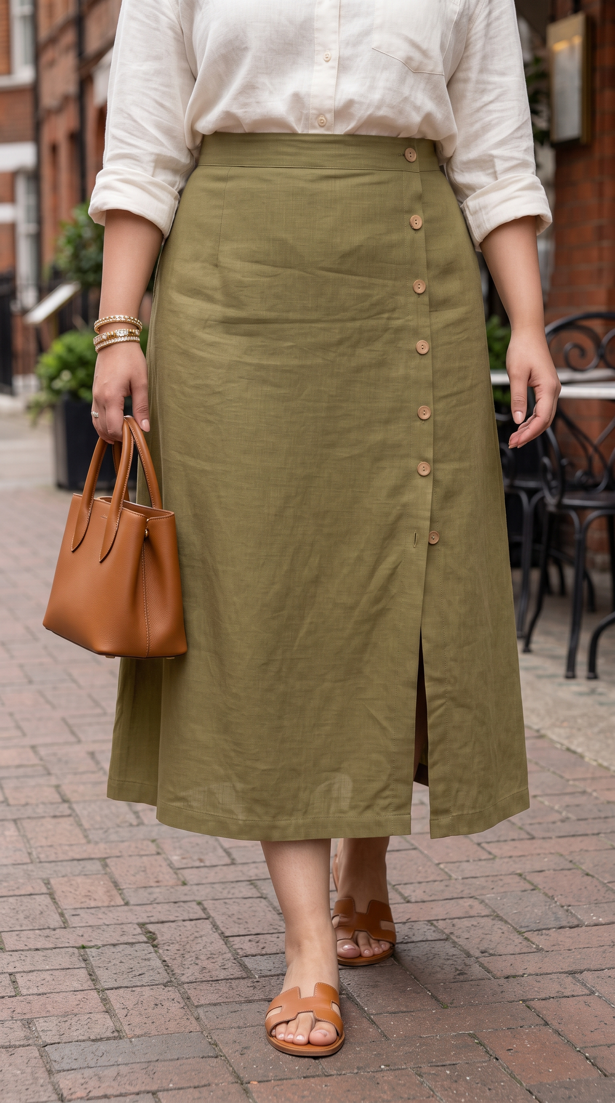 Olive Green Linen Skirt with Functional Buttons