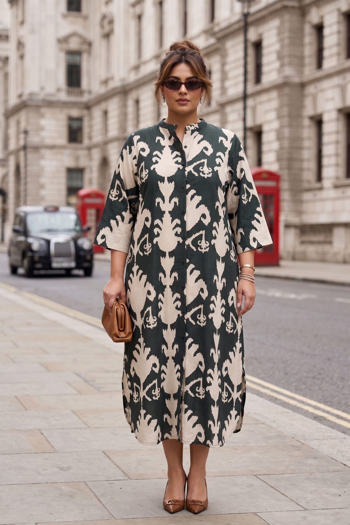 Dark Green Ikat Print 100% Cotton Shirt Dress