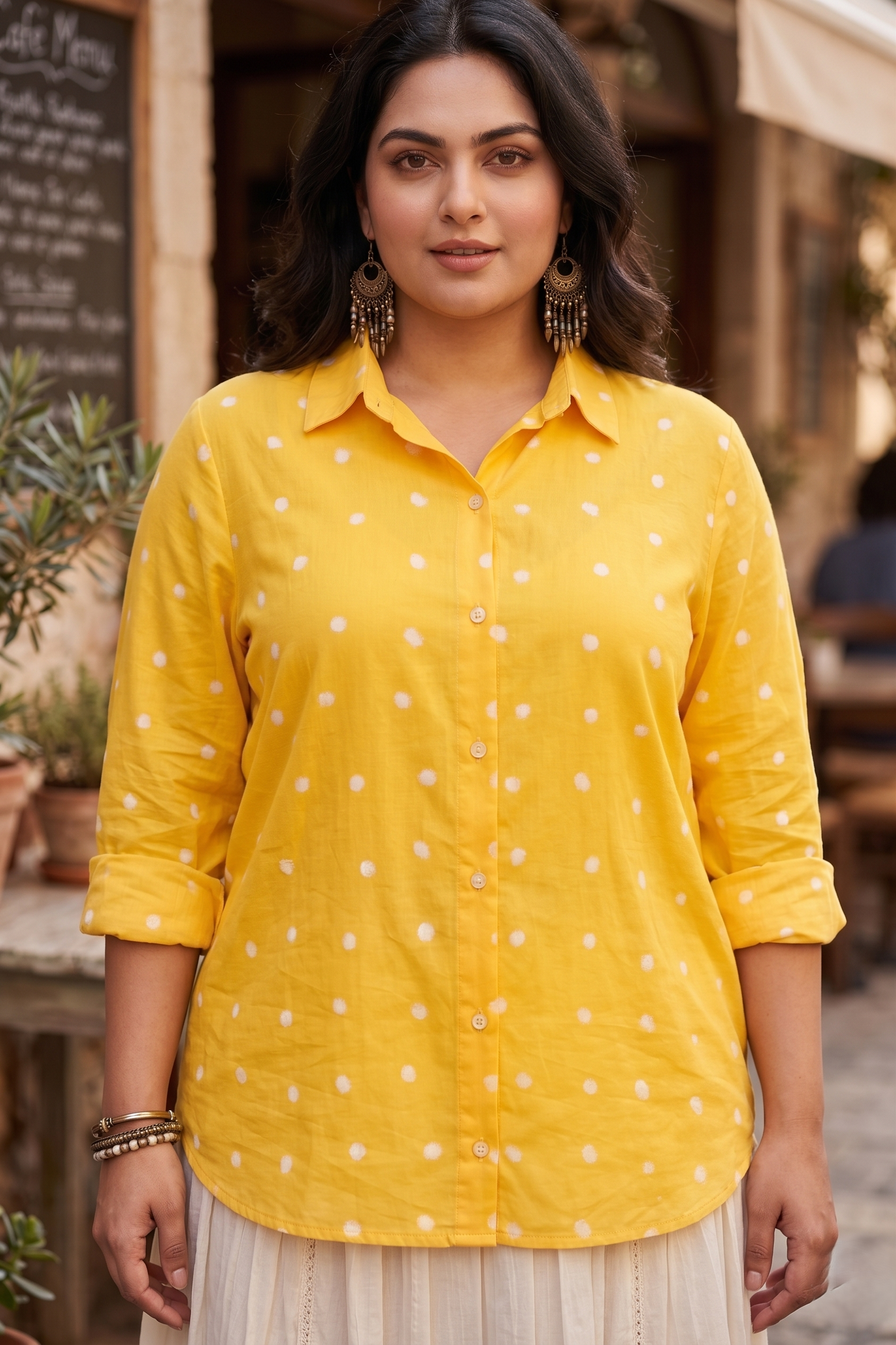 Plus Size Yellow Bandhani Print Cotton Shirt – Casual Shirt for Women