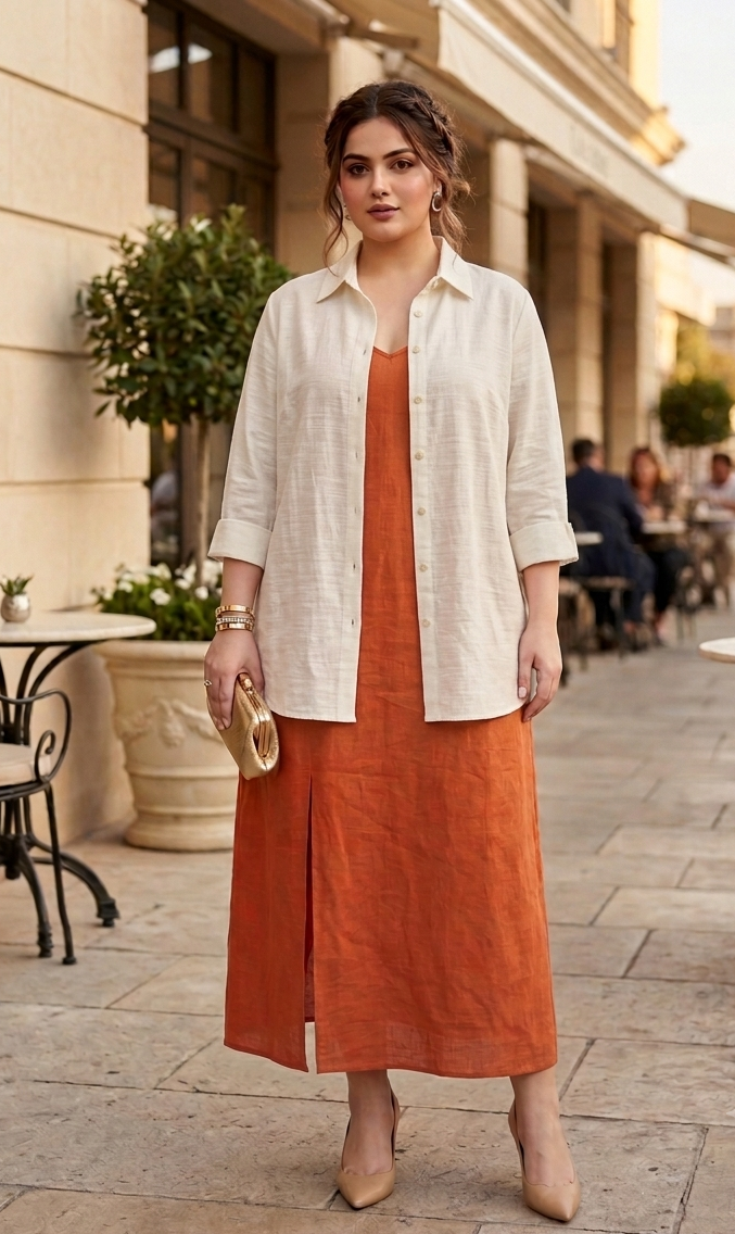 Plus Size Orange Cotton Linen Dress for Women | V-Neck Spaghetti Strap Midi Dress