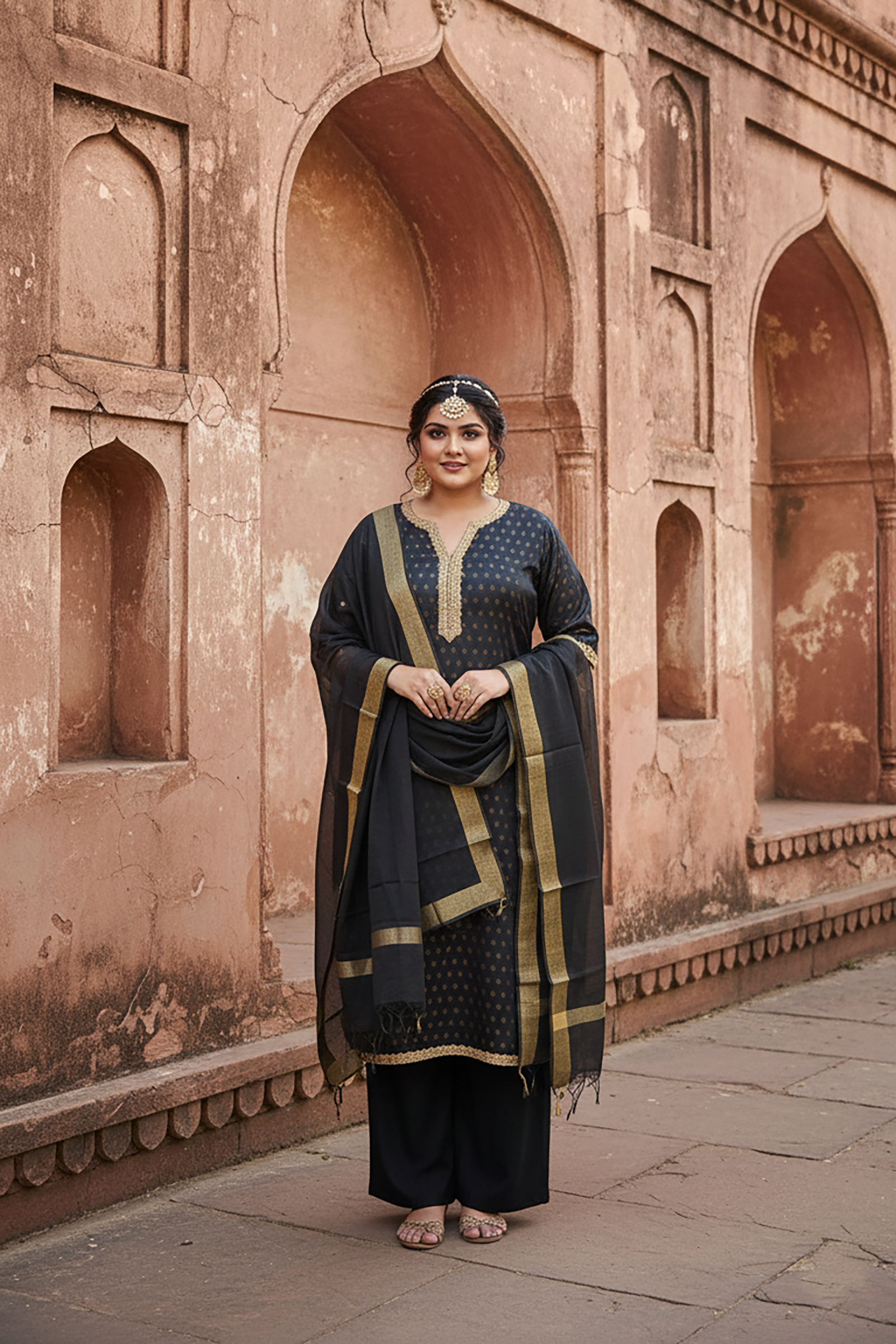 Plus Size Black & Gold Festive Benarasi Kurta Set with Chanderi Dupatta(Set of 3)