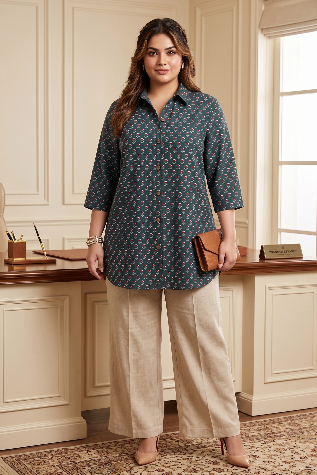 Plus Size Green Printed Cotton Long Shirt for Women – Smart Casual Office Wear Top