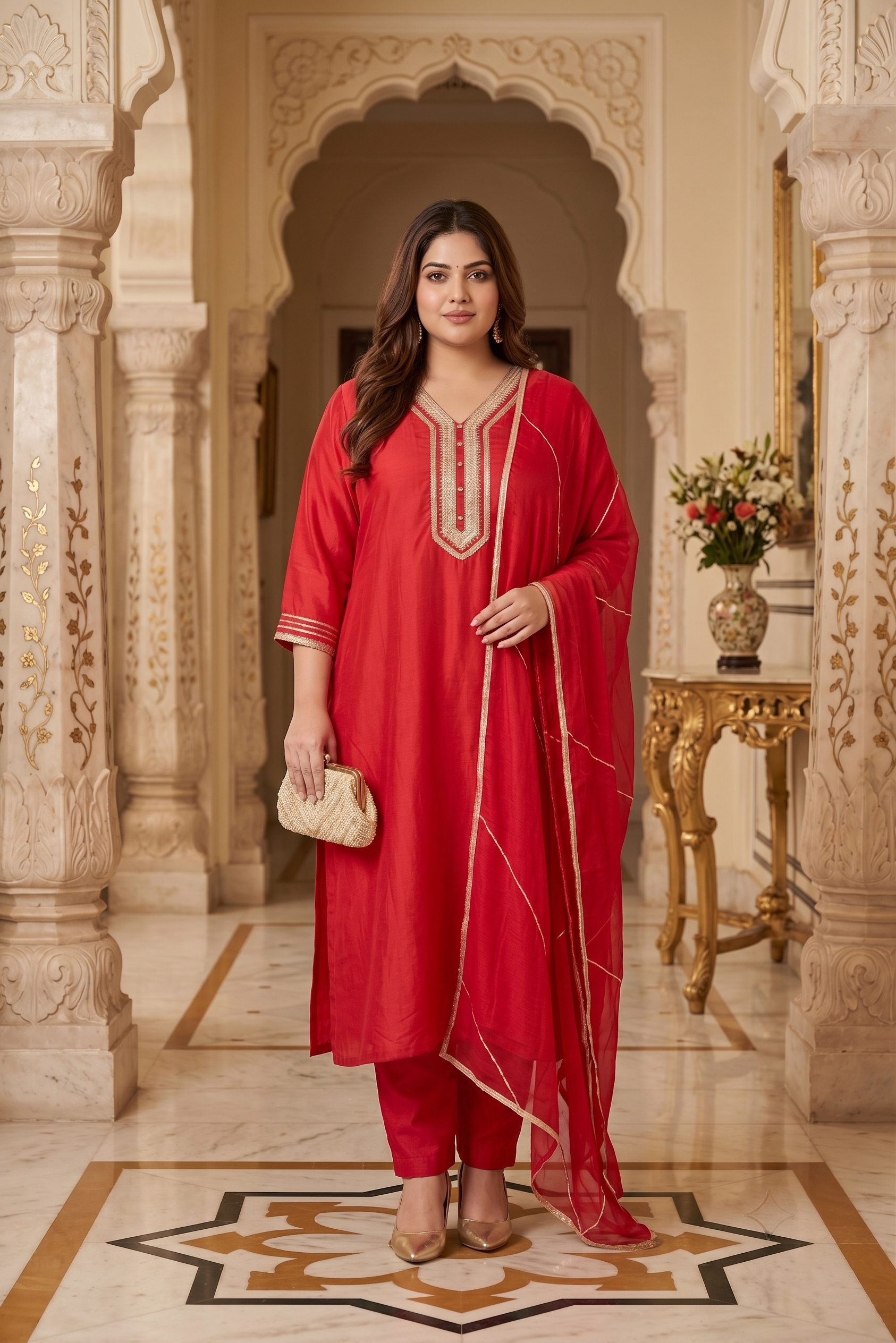 Crimson Red Cambric Cotton Kurta Pant Set with Dupatta(Set of 3)