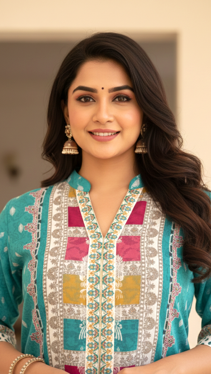 Plus Size Women’s Digital Print Satin Kurti Set with Palazzo – Elegant Ethnic Wear