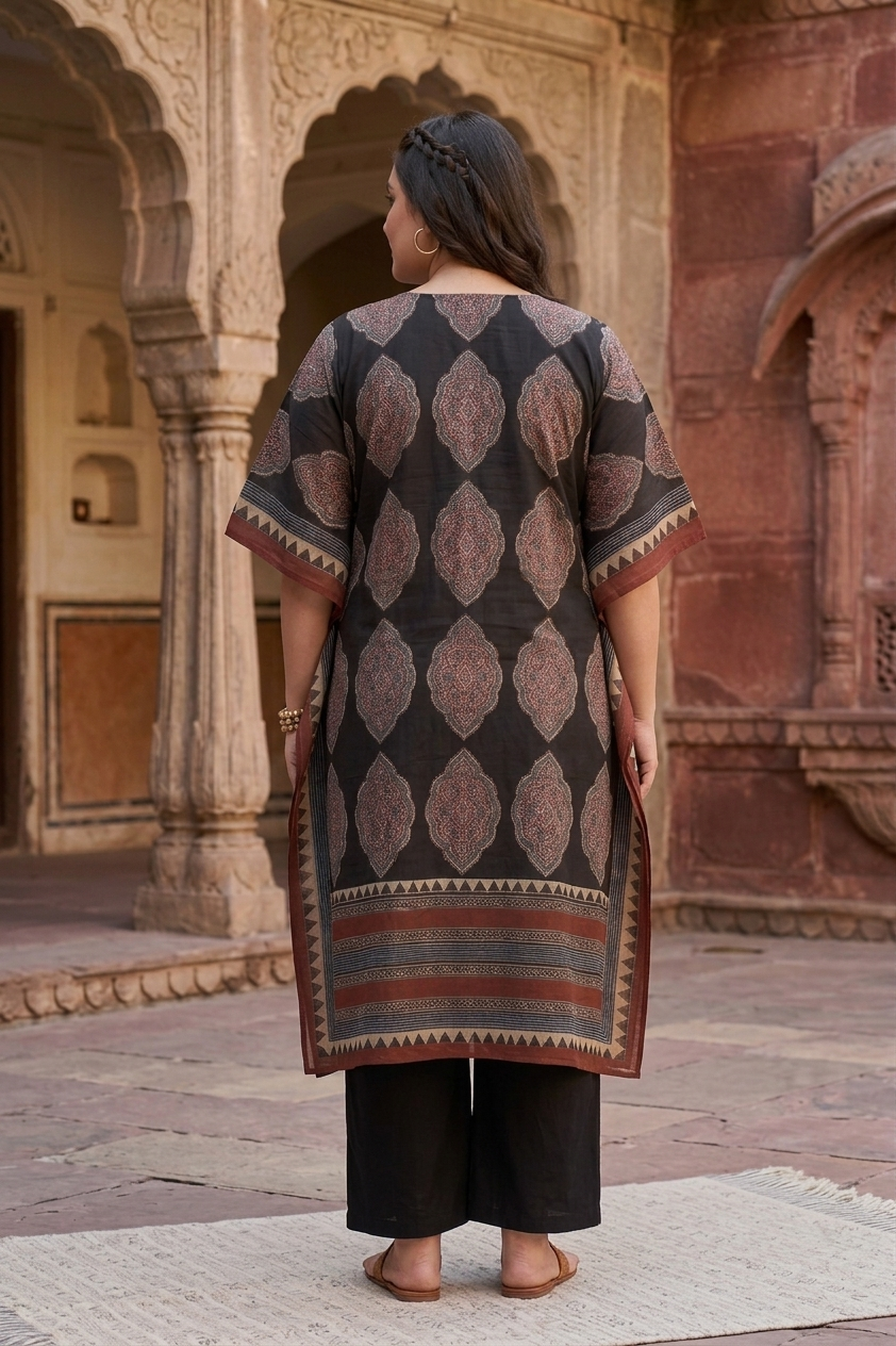 Black Kaftan 100% Cotton Printed Ethnic Co-Ord Set For Women