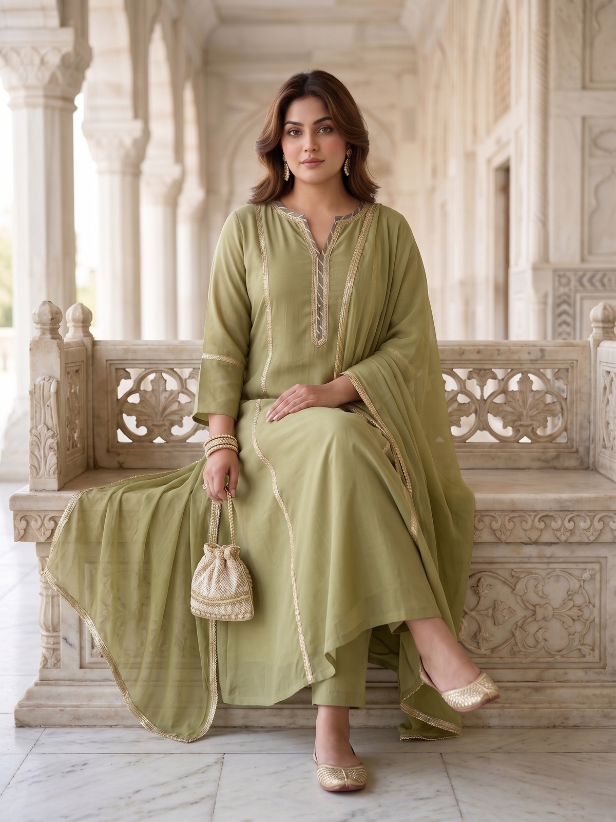 Plus Size Viscose Dupatta Set – Olive Green Kurta, Pant & Dupatta