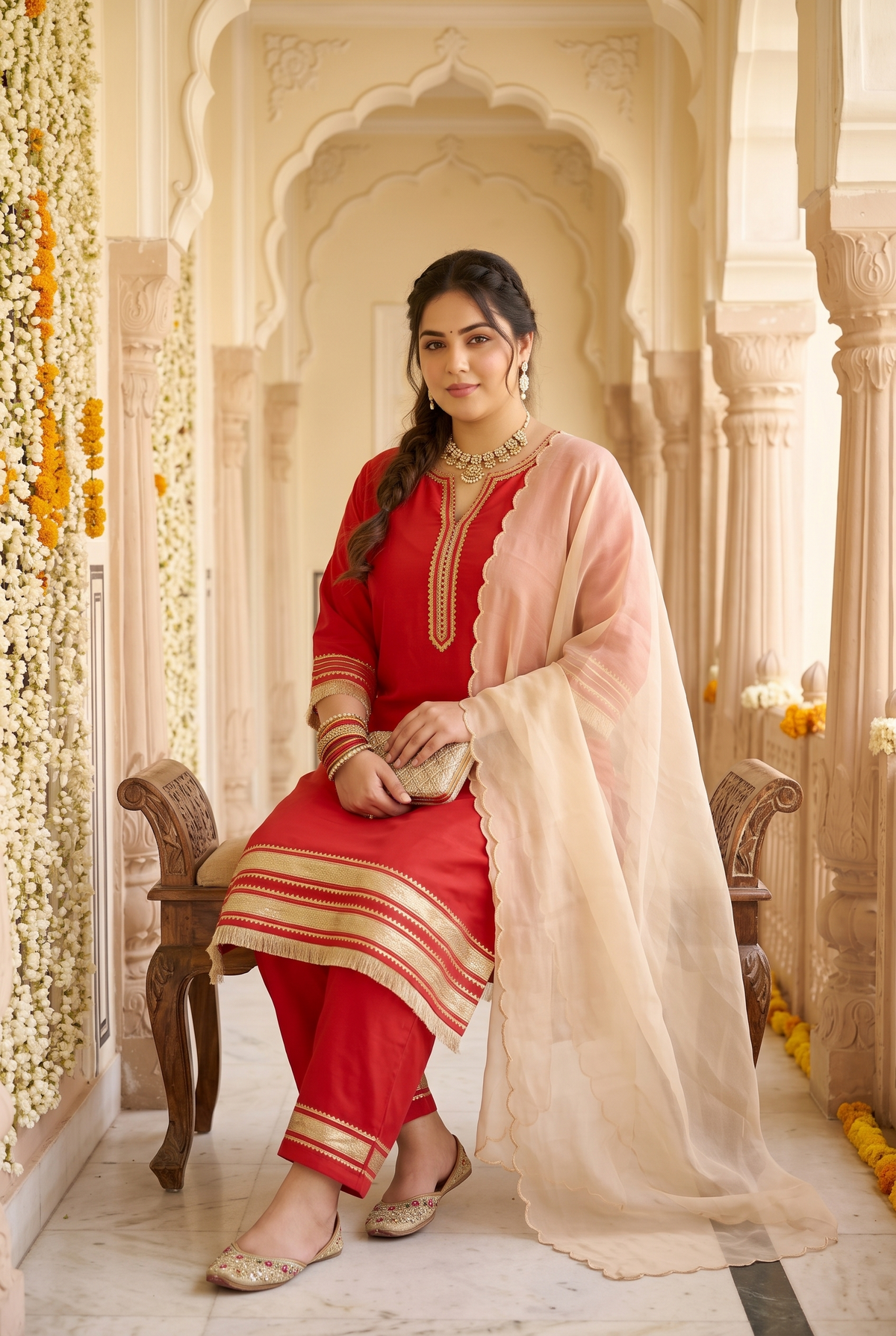 Crimson Royale Taffeta Kurta Suit Set (Set of 3)