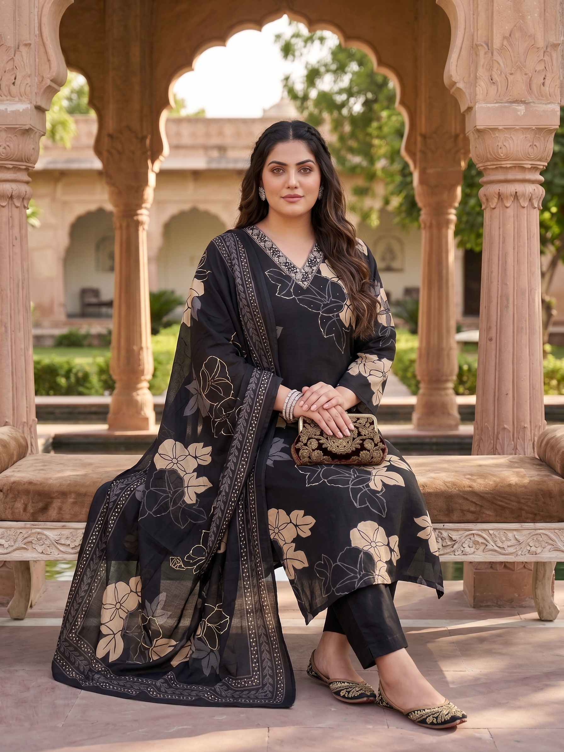 Plus Size Black Floral Print Cotton Kurta Set with Dupatta