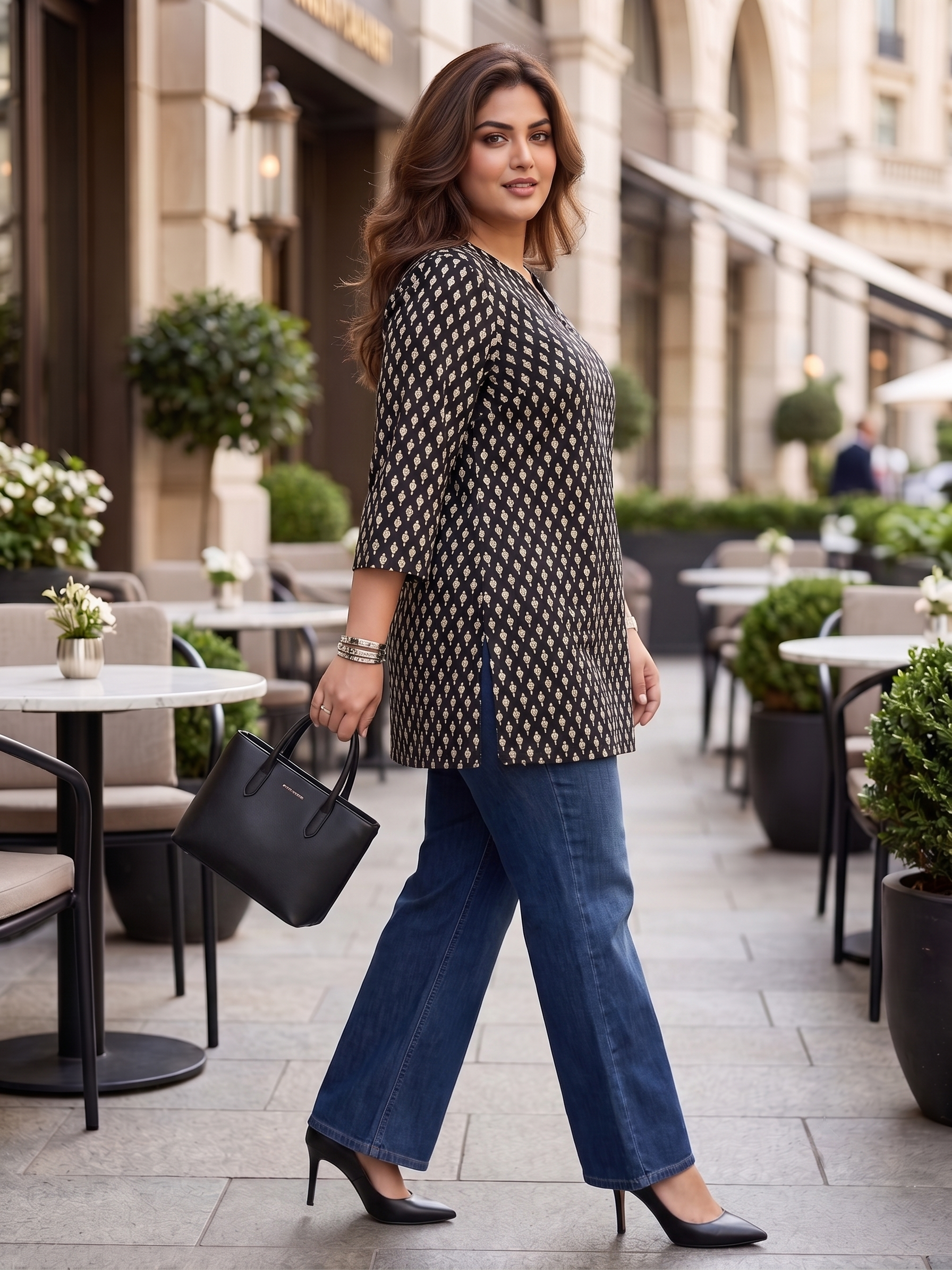 Plus Size Black Printed Cotton Top for Women | Mandarin Neck Casual Kurti Top