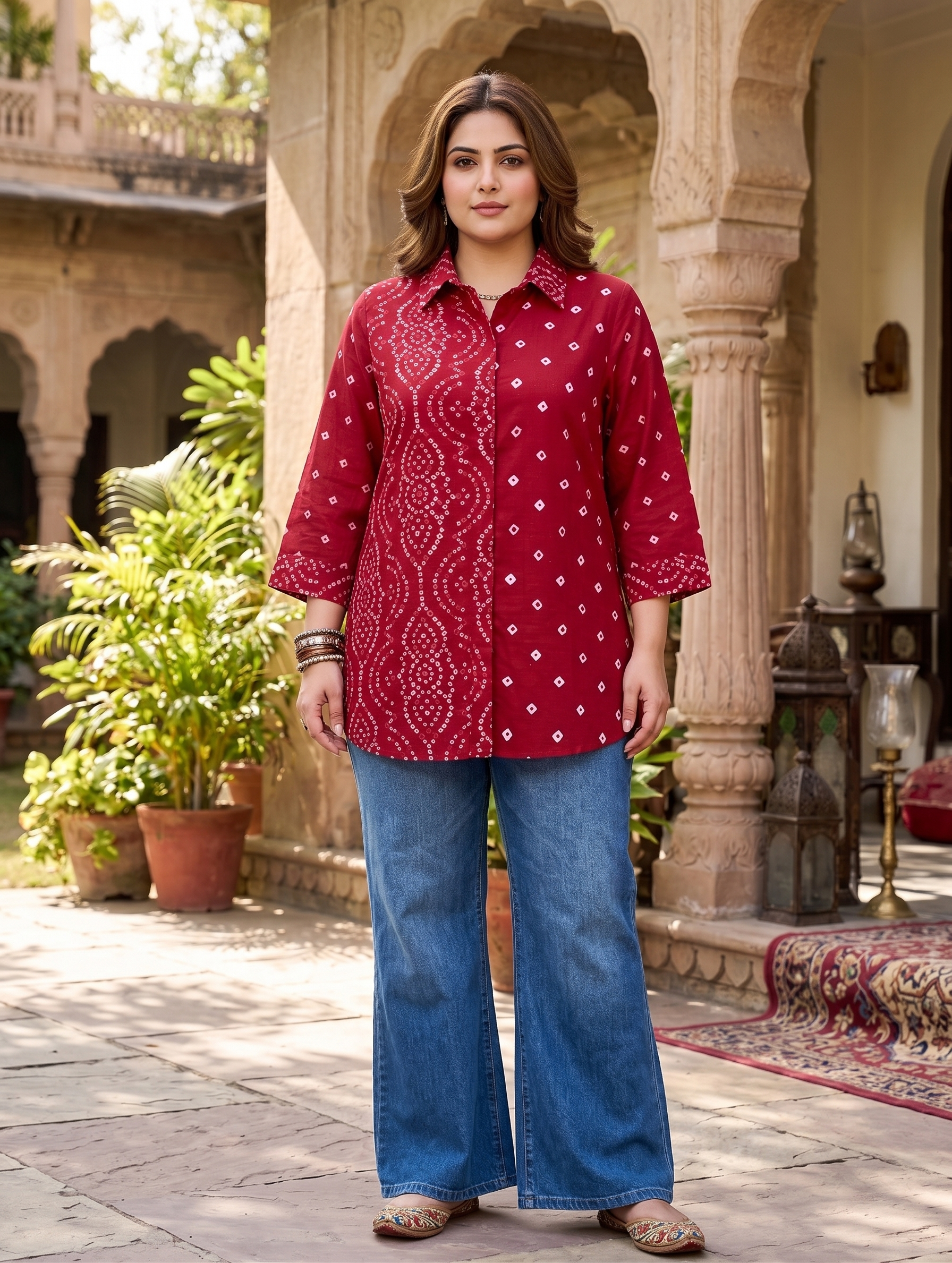 Plus Size Red Bandhani Printed Cotton Shirt for Women | Collared Button-Down Casual Shirt