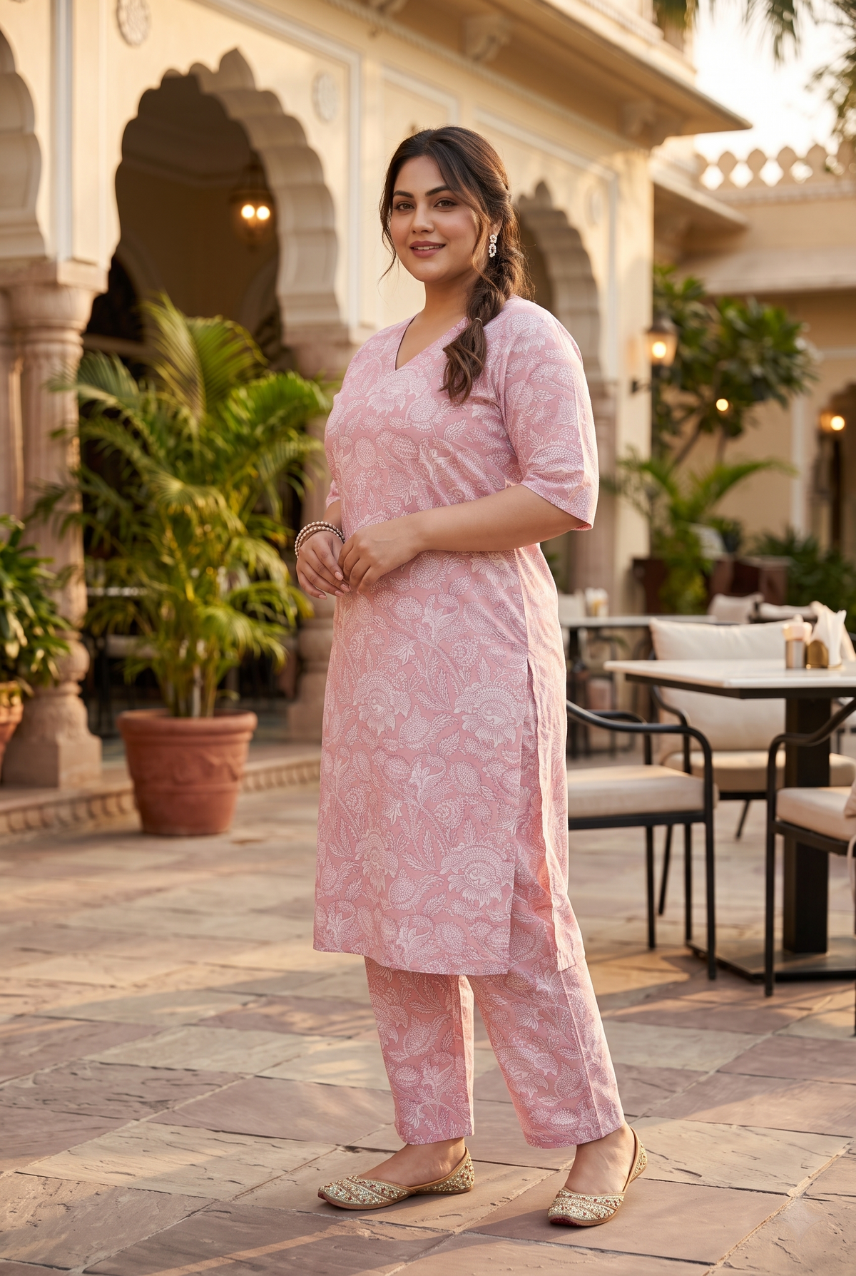 Pink Floral Printed Straight Cotton Kurta Pant Set - (Set of 2)