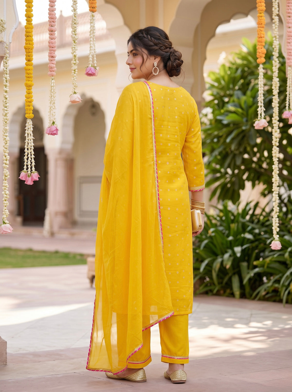 Sunshine Yellow Bandhani 100% Cotton Kurta Set with Gotta Patti Work & Chiffon Dupatta