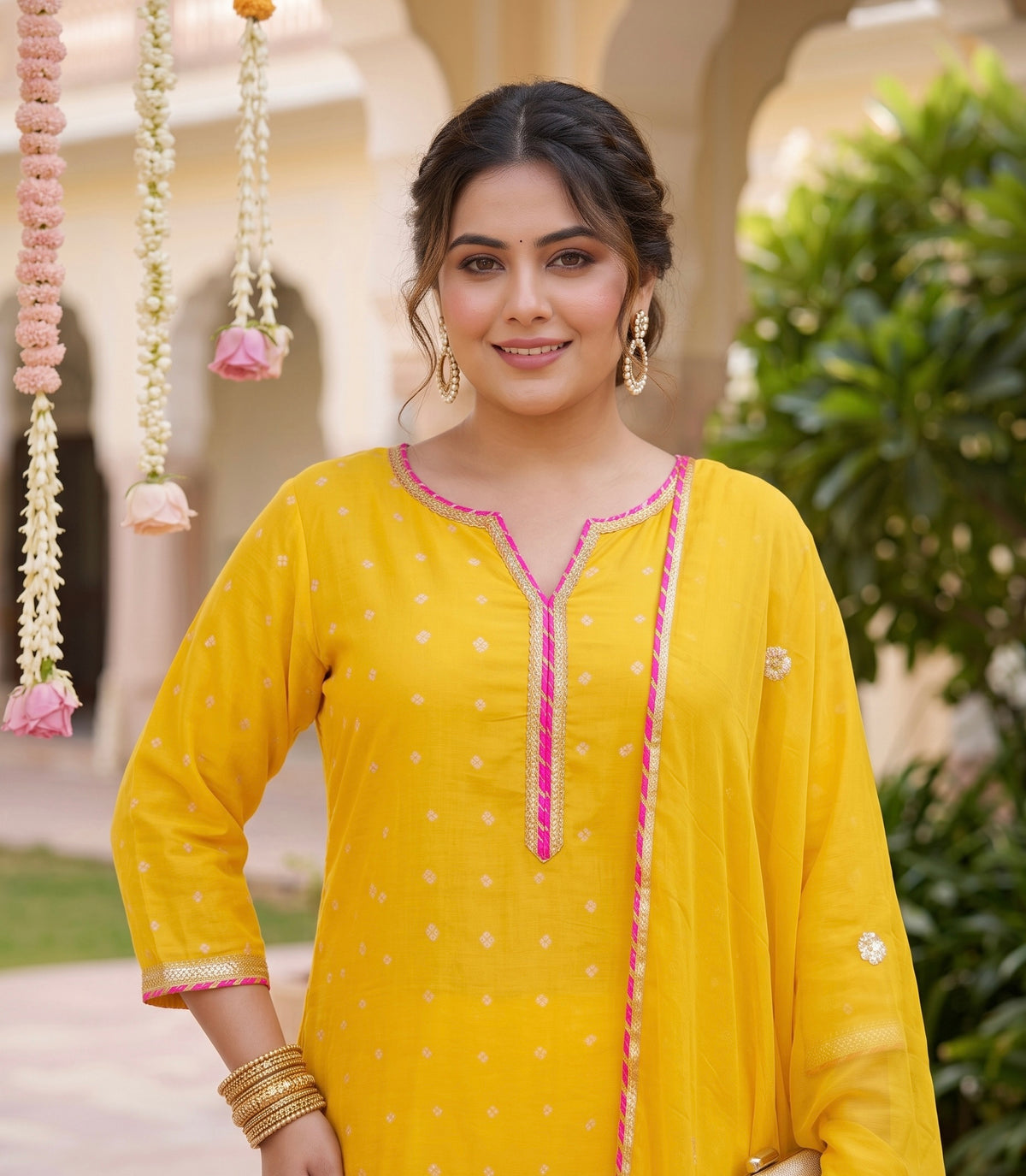 Sunshine Yellow Bandhani 100% Cotton Kurta Set with Gotta Patti Work & Chiffon Dupatta