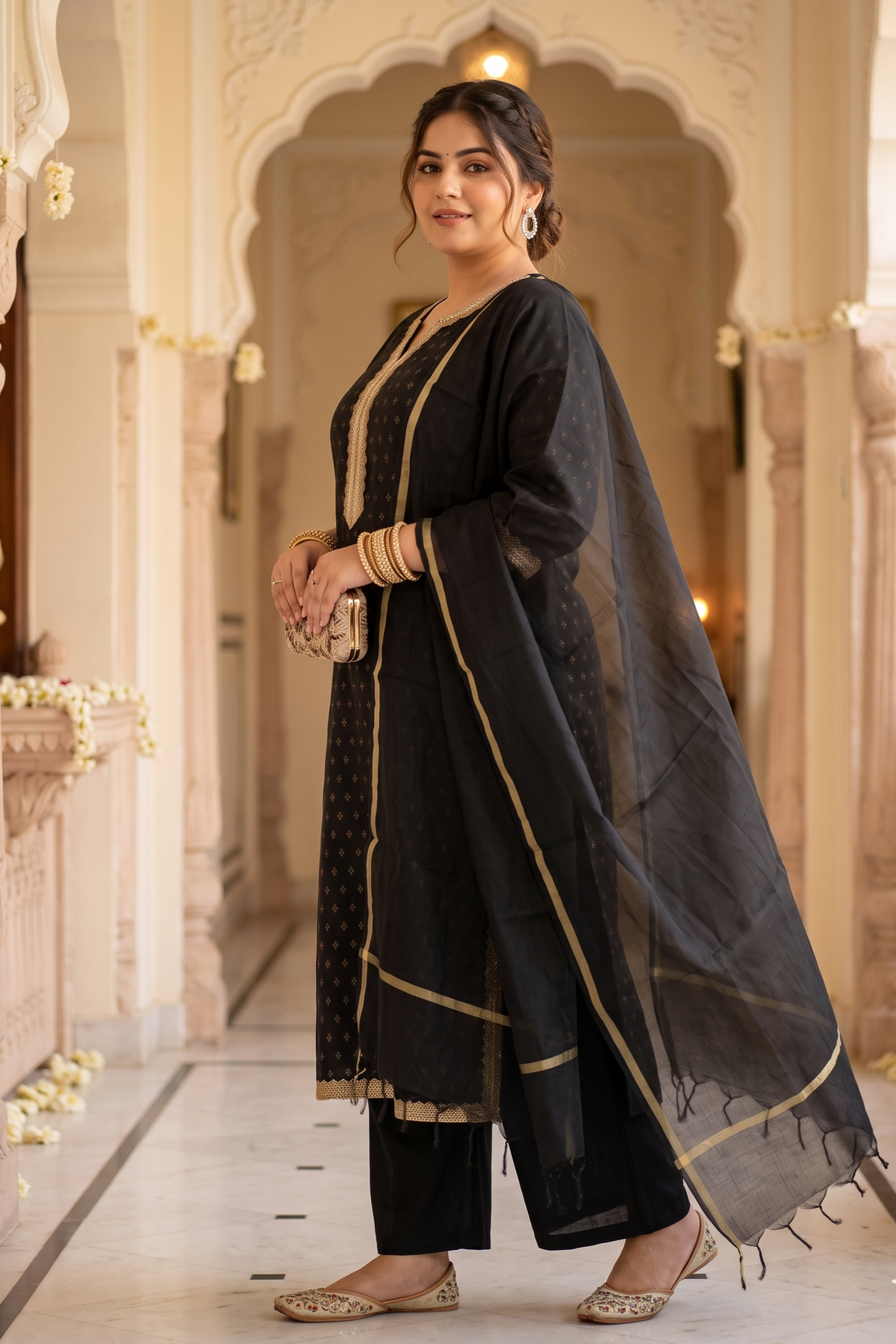 Plus Size Black & Gold Festive Benarasi Kurta Set with Chanderi Dupatta(Set of 3)