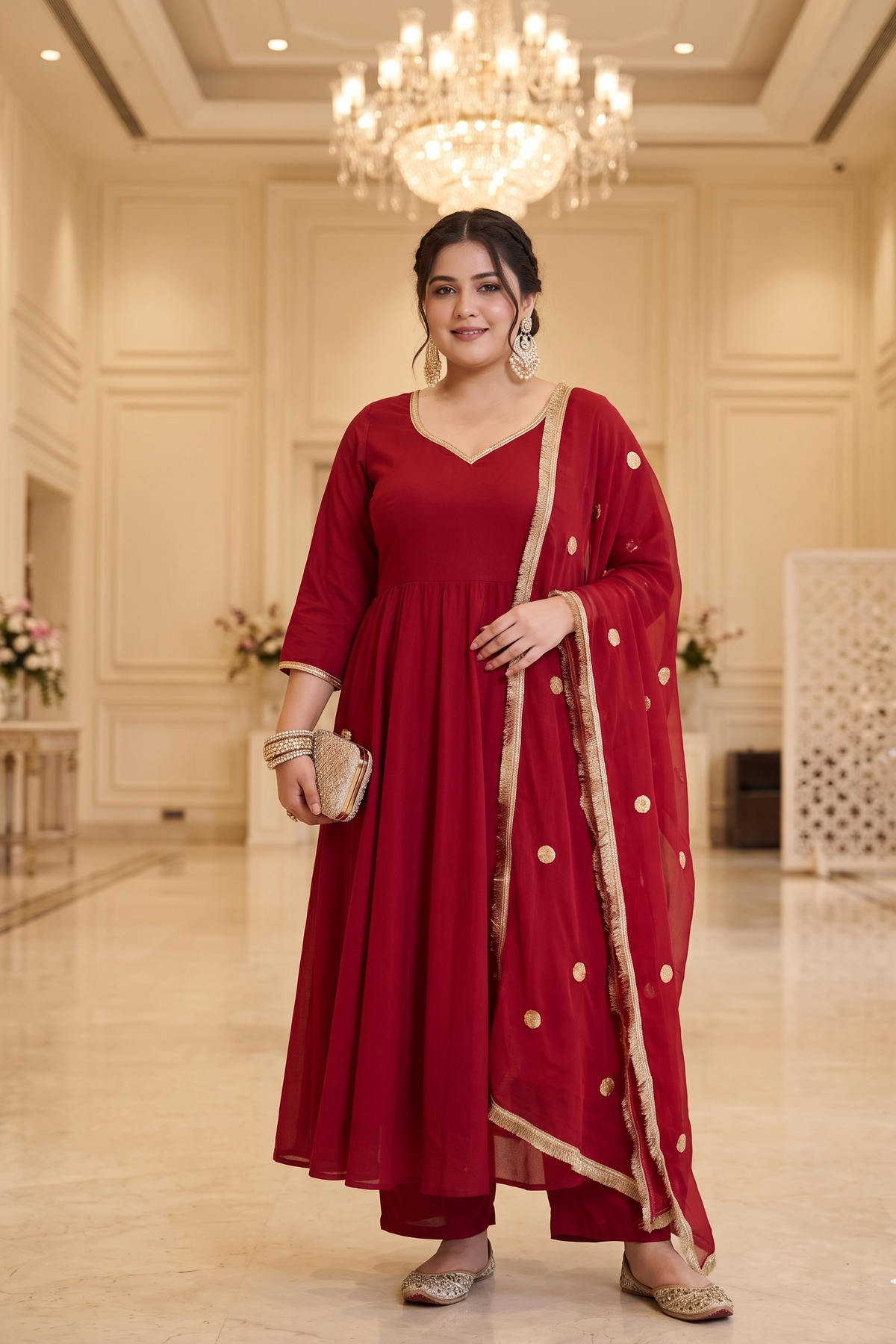 Plus Size Maroon Cotton Anarkali Kurta Suit Set with Gotta Patti(set of 3)