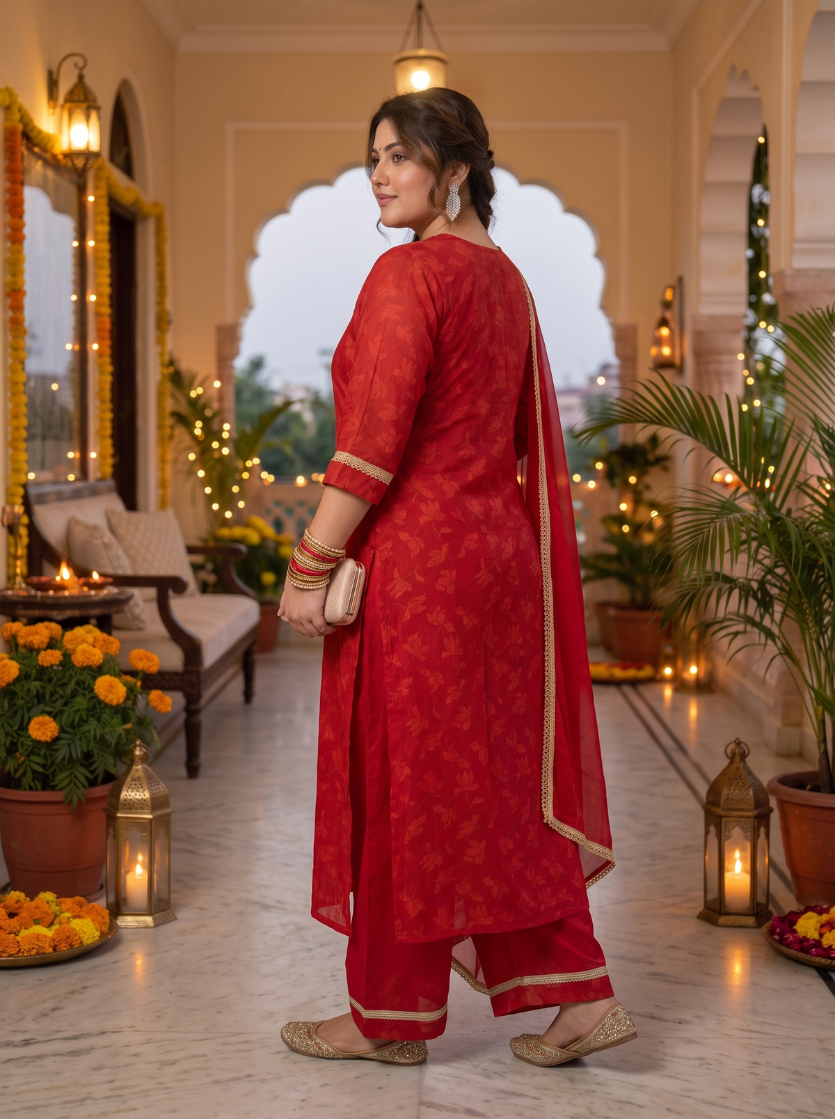 Radiant Red Cotton Cambric Festive Kurta Pant Set with Dupatta (Set Of 3)