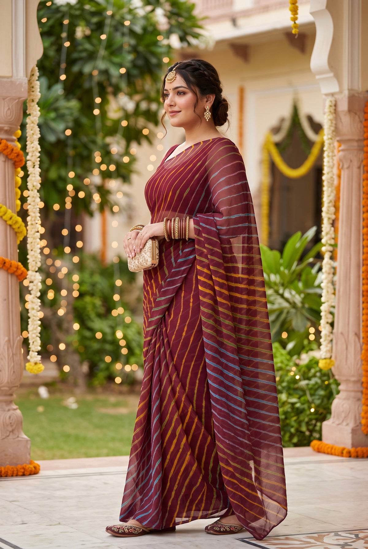 Maroon Leheriya Saree with Multi-colour Accents
