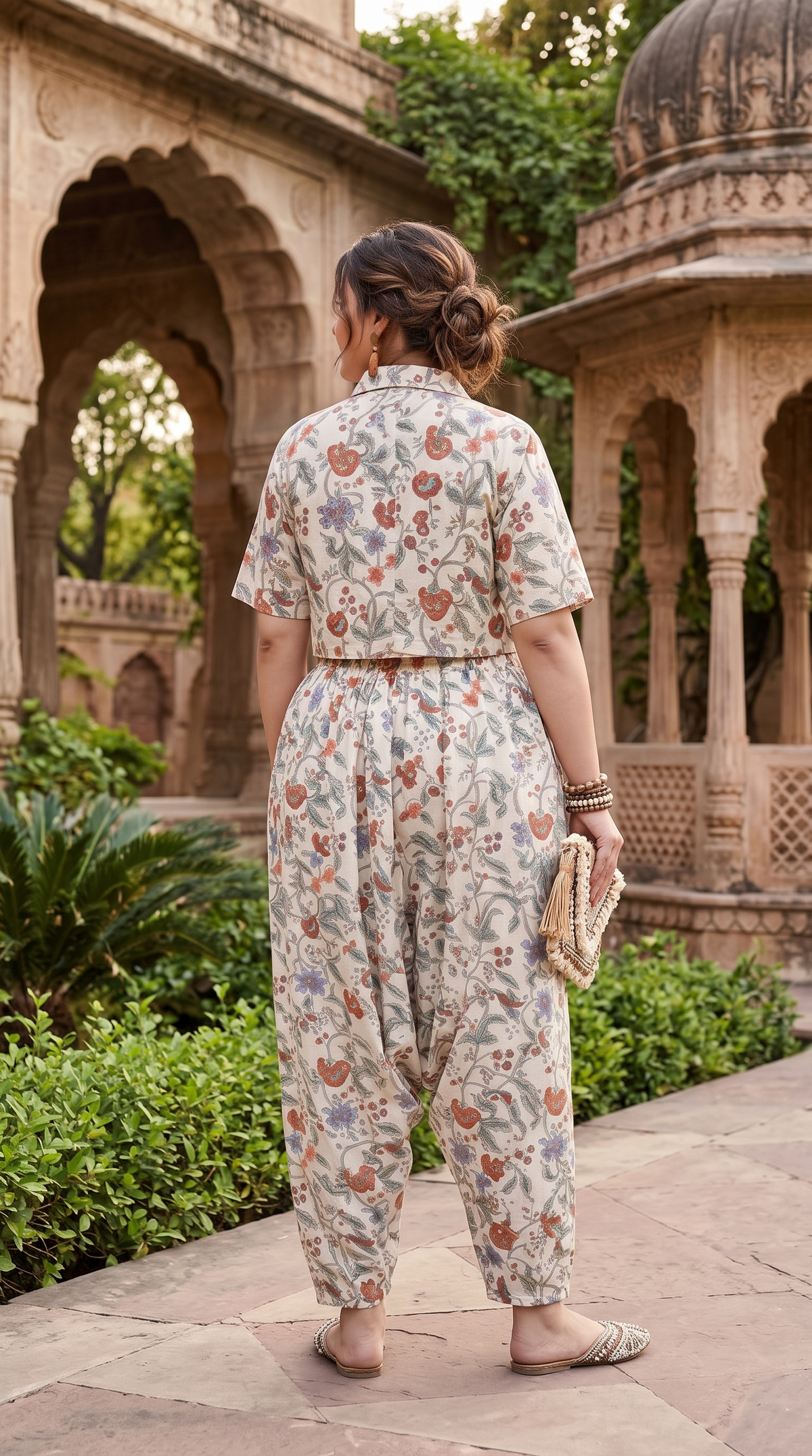 Regular Ivory Floral Print 100% Cotton Co-Ord Set | Shirt Crop Top & Harem Pants Set