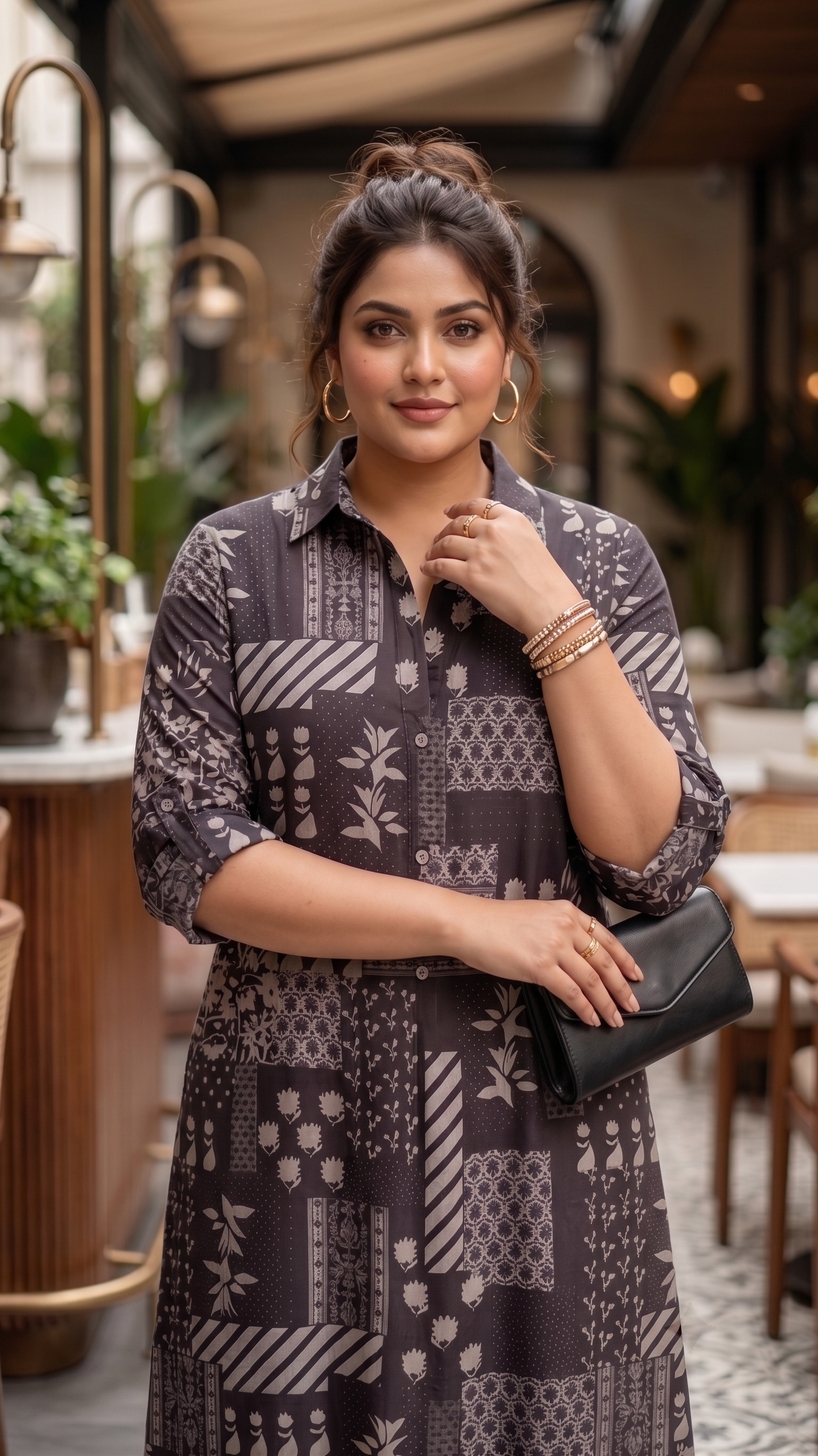 Plus Size Brown Printed Cotton Midi Dress for Women | Collared Button-Down A-Line Dress