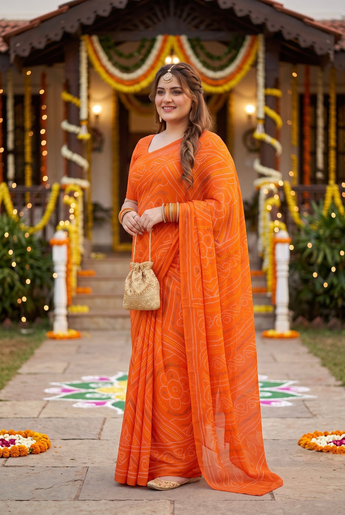 Vibrant Orange Bandhani Saree