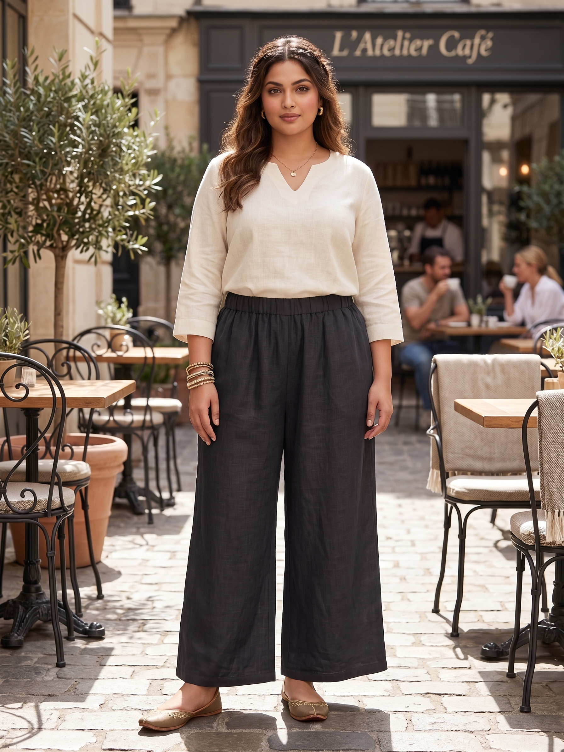 Plus Size Black Cotton Slub Trouser for Women | Straight Fit Elastic Waist Palazzo Pants