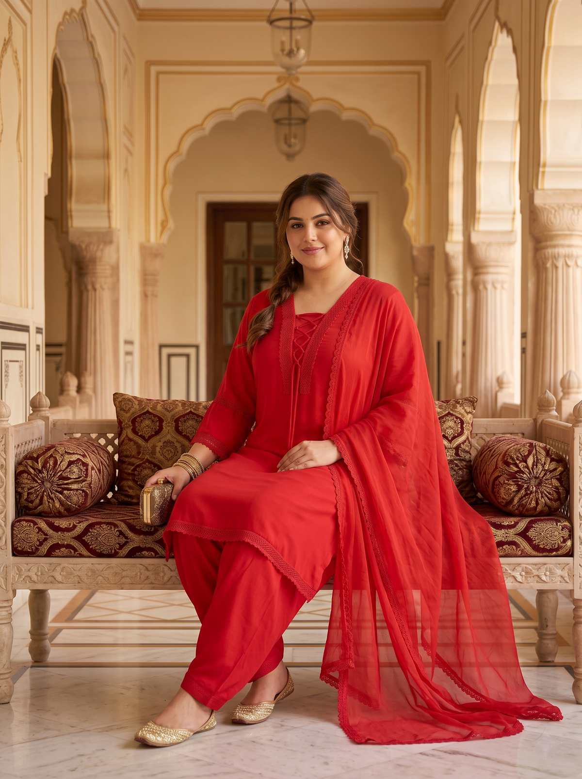 Plus Size Crimson Red Lace Detail Dupatta Set For Women (3 PC Set )