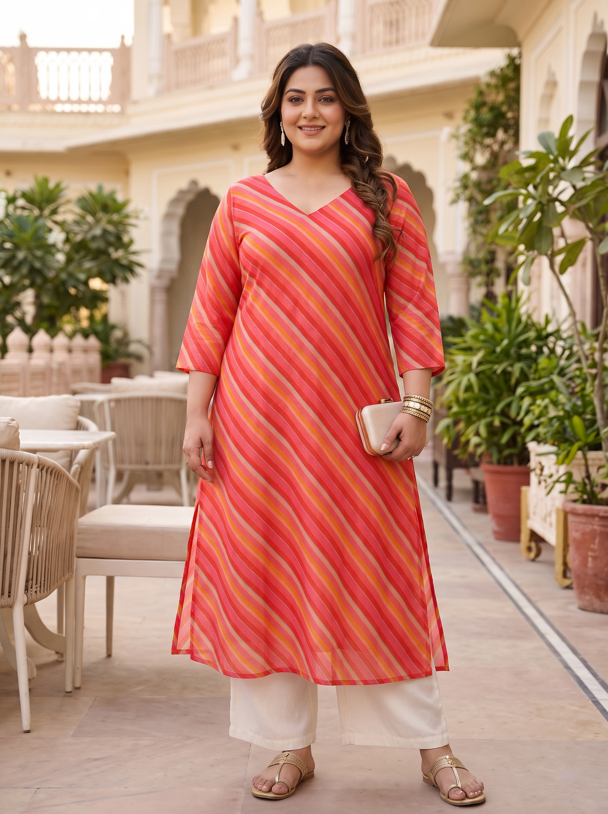 Plus Size Pink Leheriya Striped 100% Cotton Kurta for Women | V-Neck Straight Fit Kurta