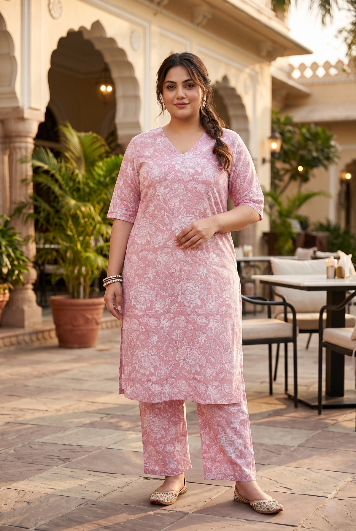 Pink Floral Printed Straight Cotton Kurta Pant Set - (Set of 2)