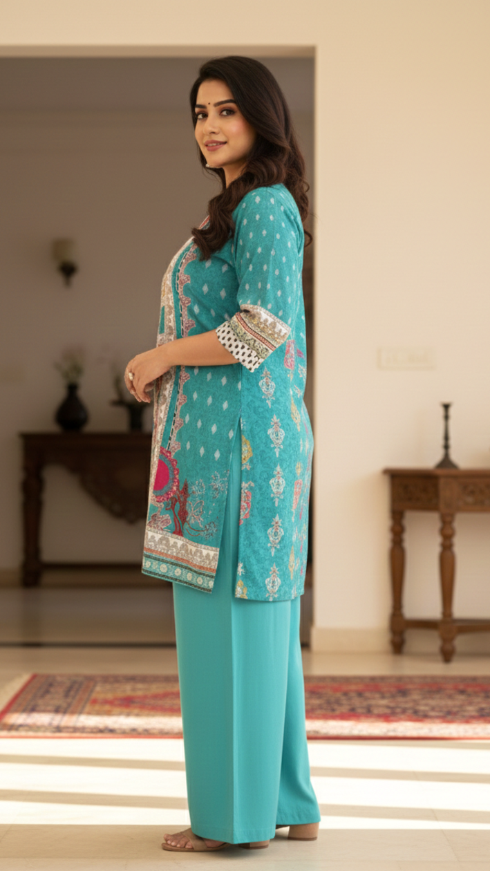 Plus Size Women’s Digital Print Satin Kurti Set with Palazzo – Elegant Ethnic Wear