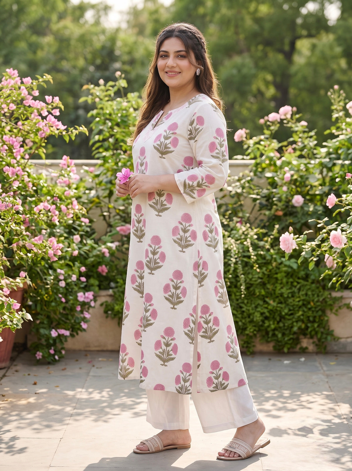 Plus Size Floral Print 100% Cotton Kurta – Straight Fit Ethnic Kurta for Women