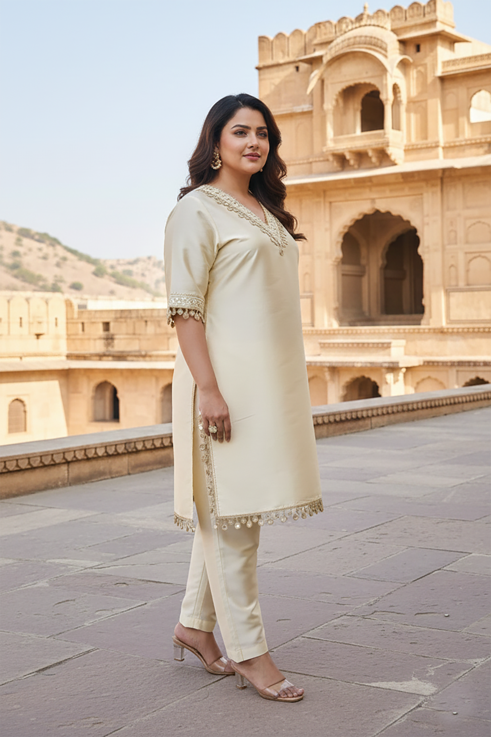 Ivory Taffeta Embroidered Wedding Kurta Set for Women
