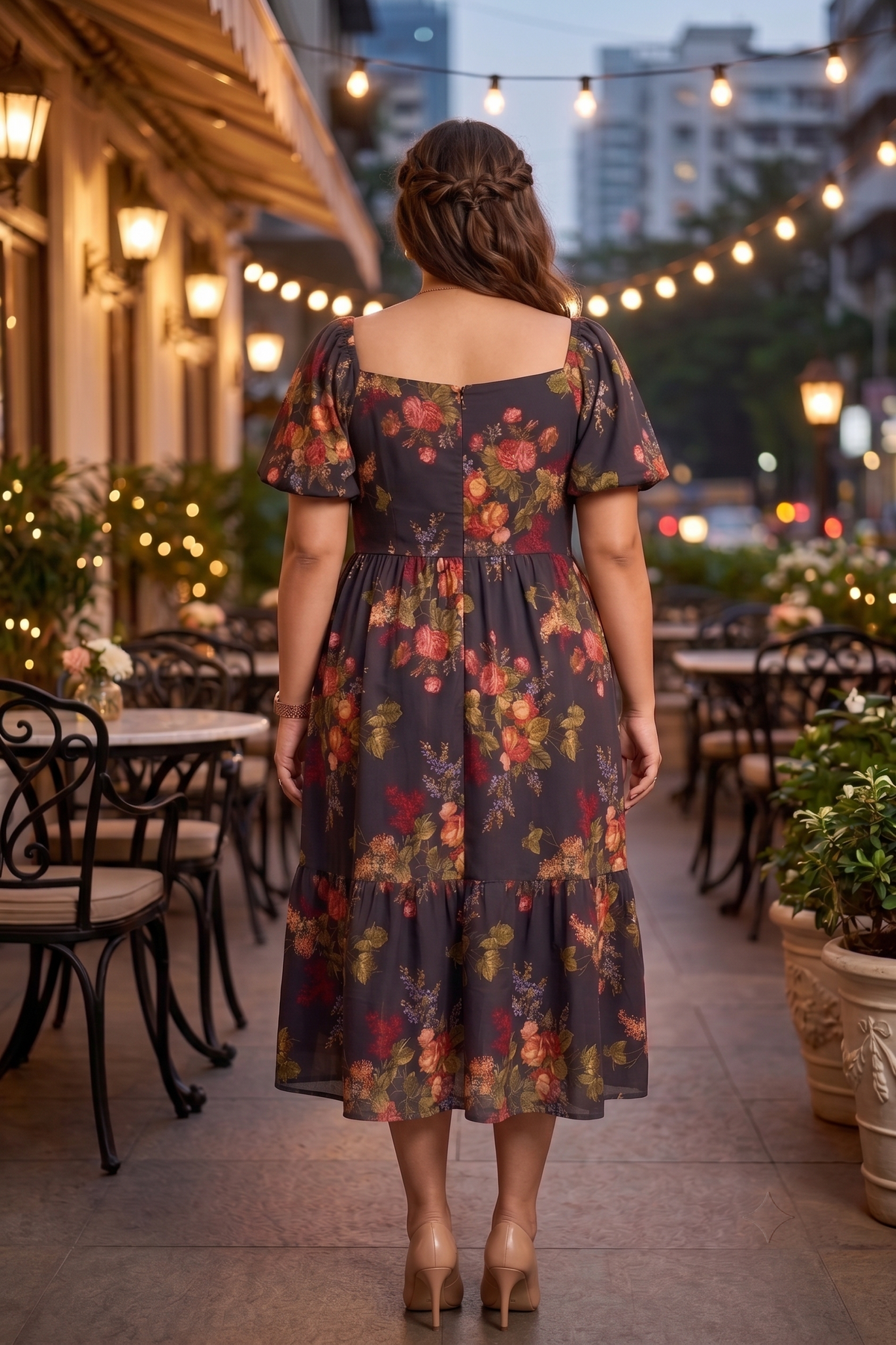 Black Floral Print Muslin Midi Dress