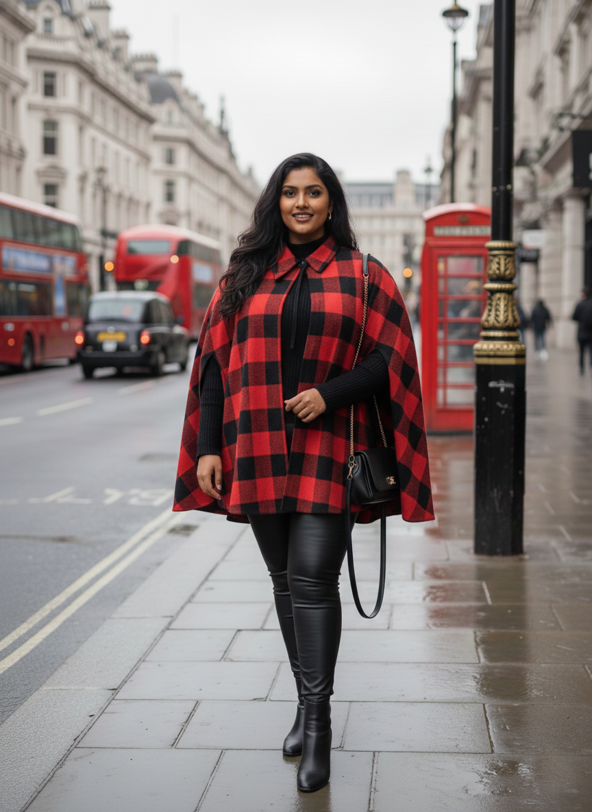 Plus Size Red Black Plaid Woolen Cape/Poncho for Women