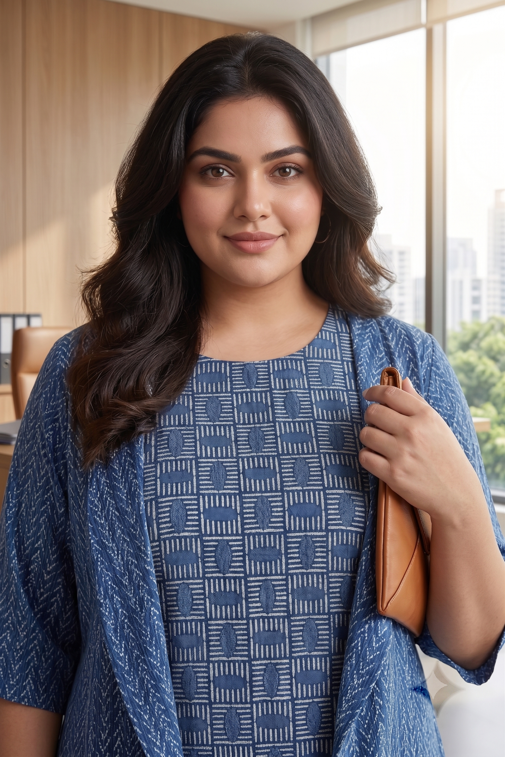 Blue Geometric Cotton Co-Ord Set with Longline Shrug