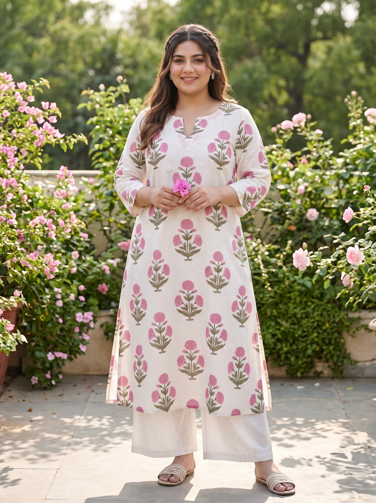 Plus Size Floral Print 100% Cotton Kurta – Straight Fit Ethnic Kurta for Women