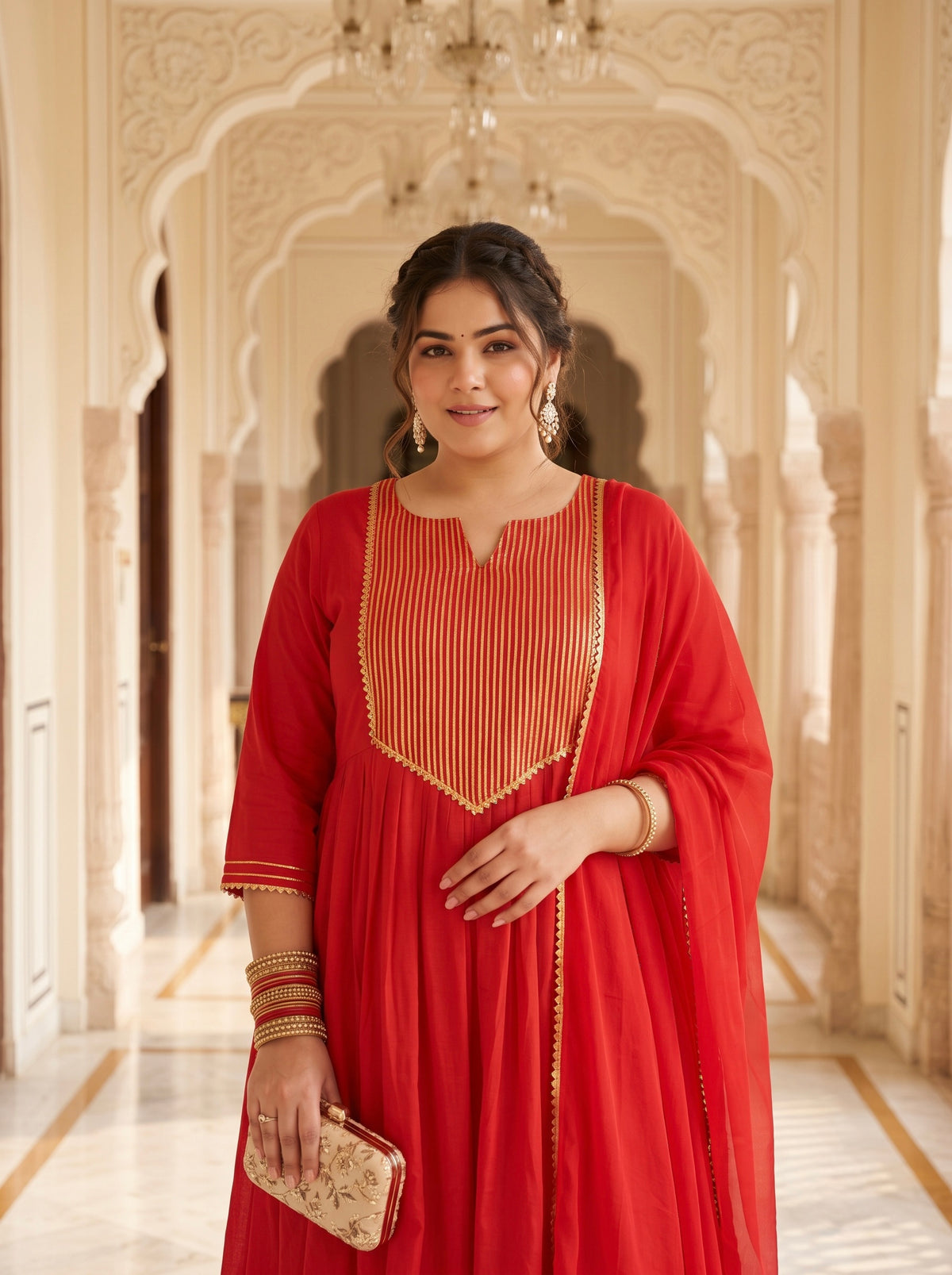 Red & Gold 100% Cotton Kurta Set (Set of 3)