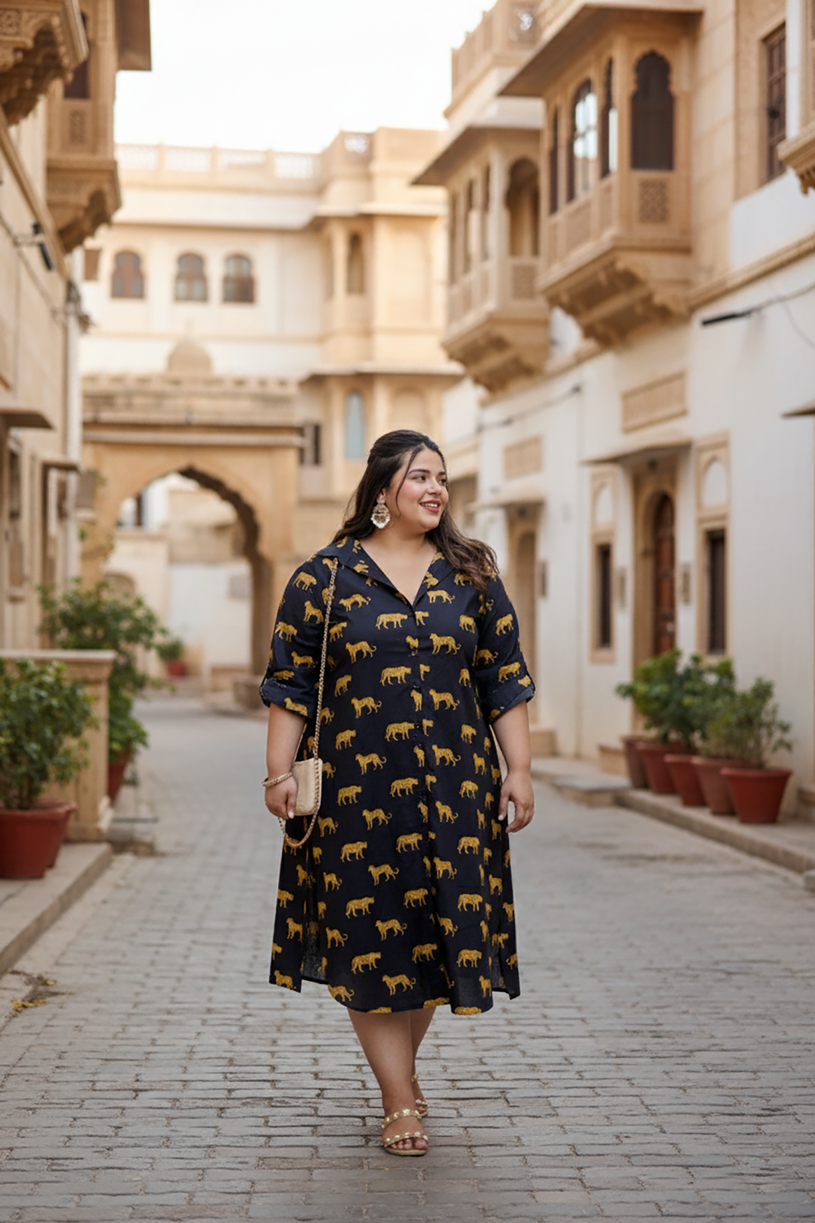 Cheetah Print Cotton Black Shirt Dress