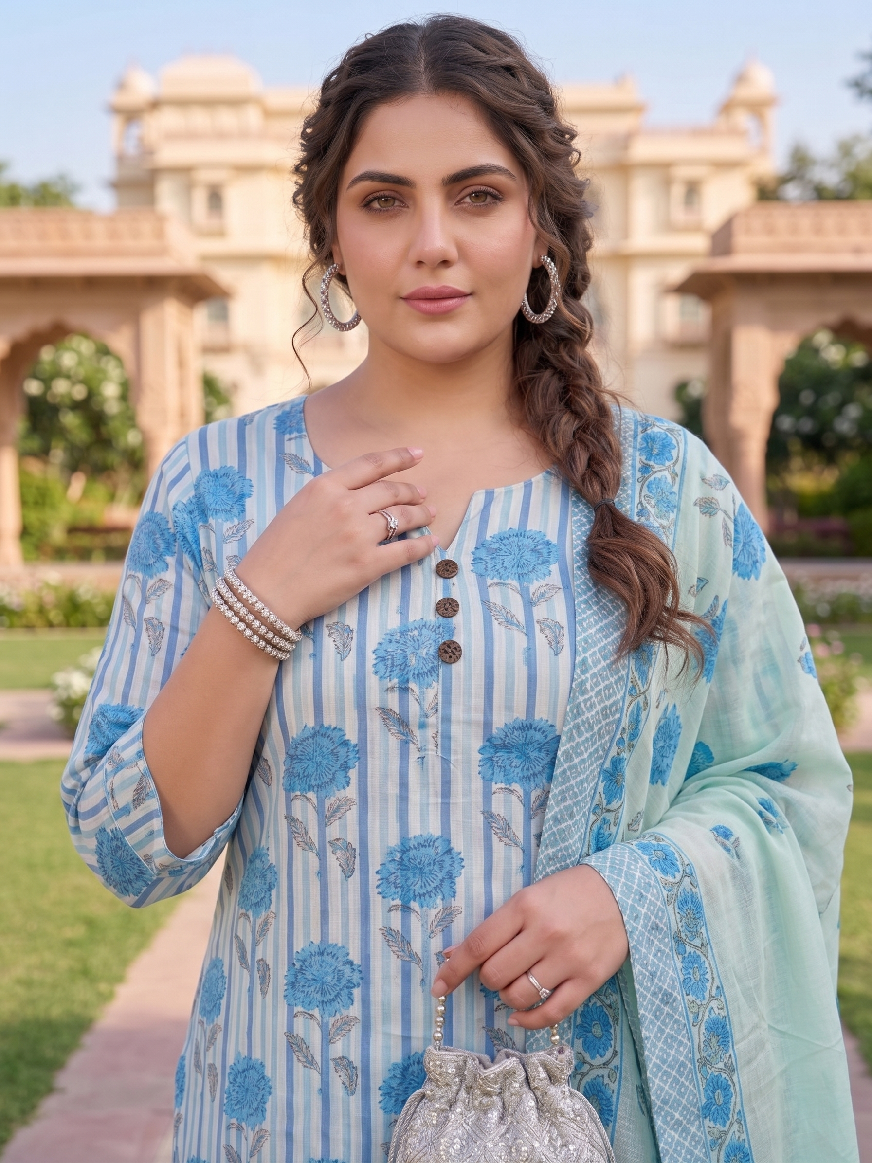 Plus Size Sky Blue Cotton Printed Kurta Set with Dupatta