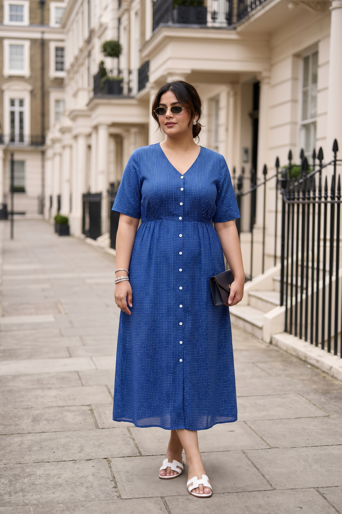 Block Printed Indigo Blue Button Down Midi Dress