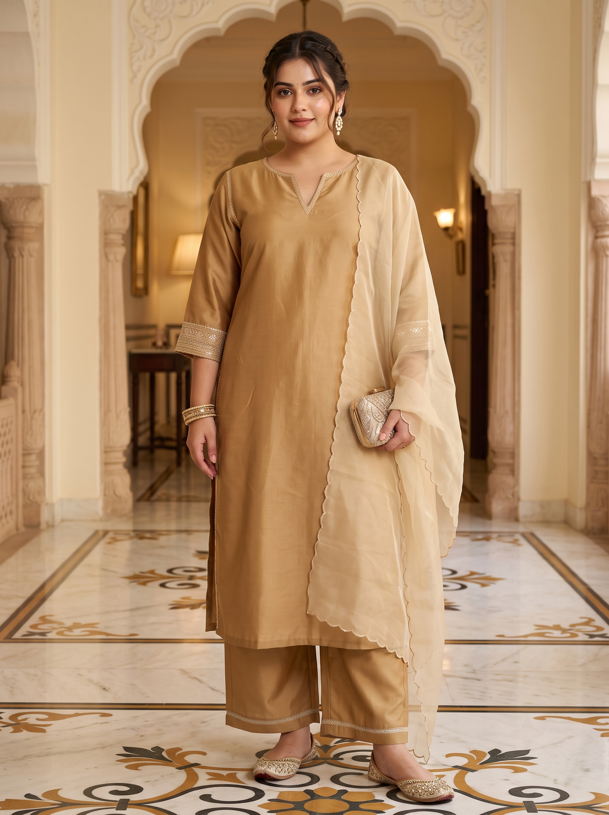 Plus Size Women Elegant Gold Silk Kurta Set - Festive Ethnic Wear with Dupatta