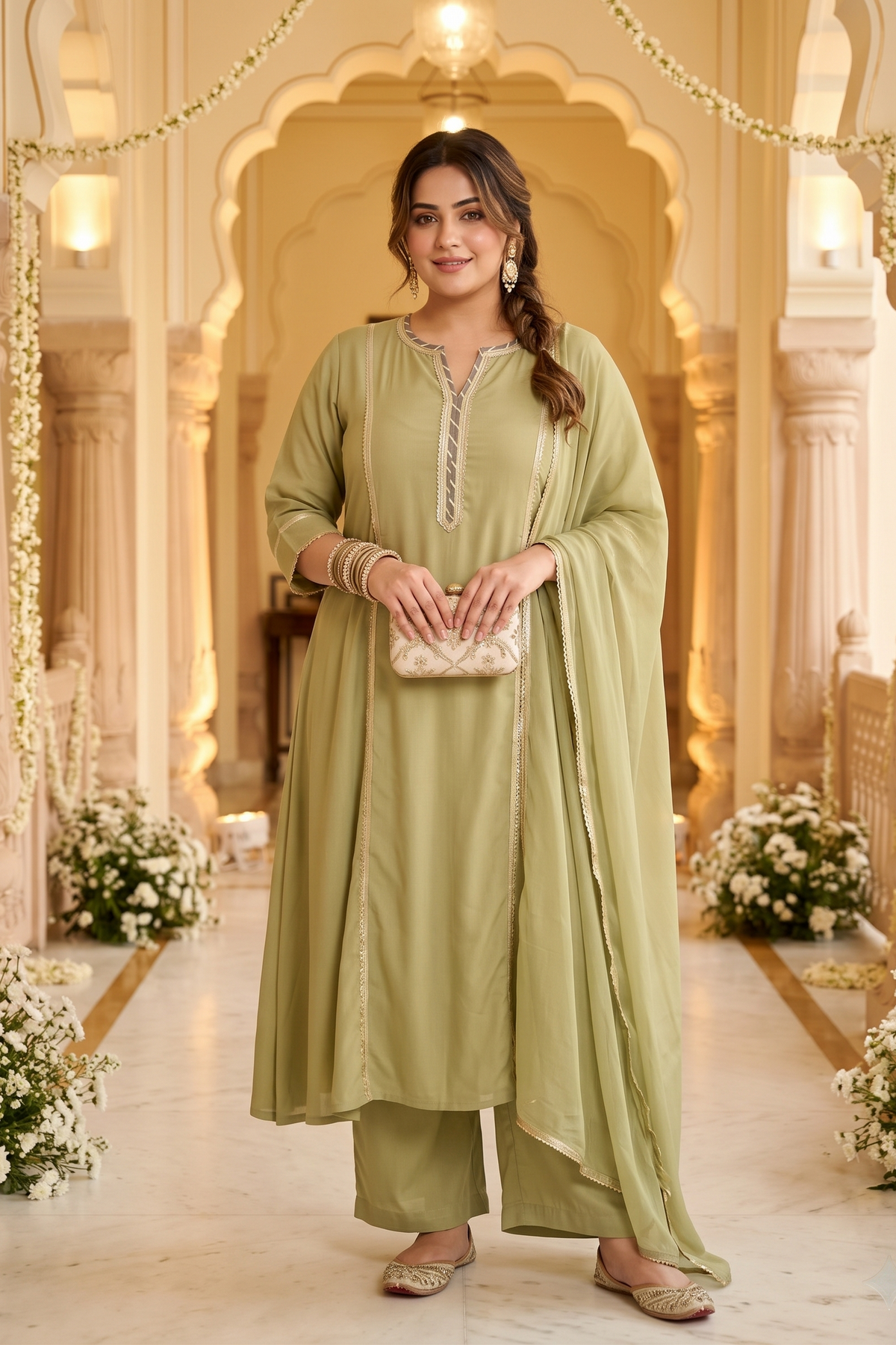 Plus Size Viscose Dupatta Set – Olive Green Kurta, Pant & Dupatta