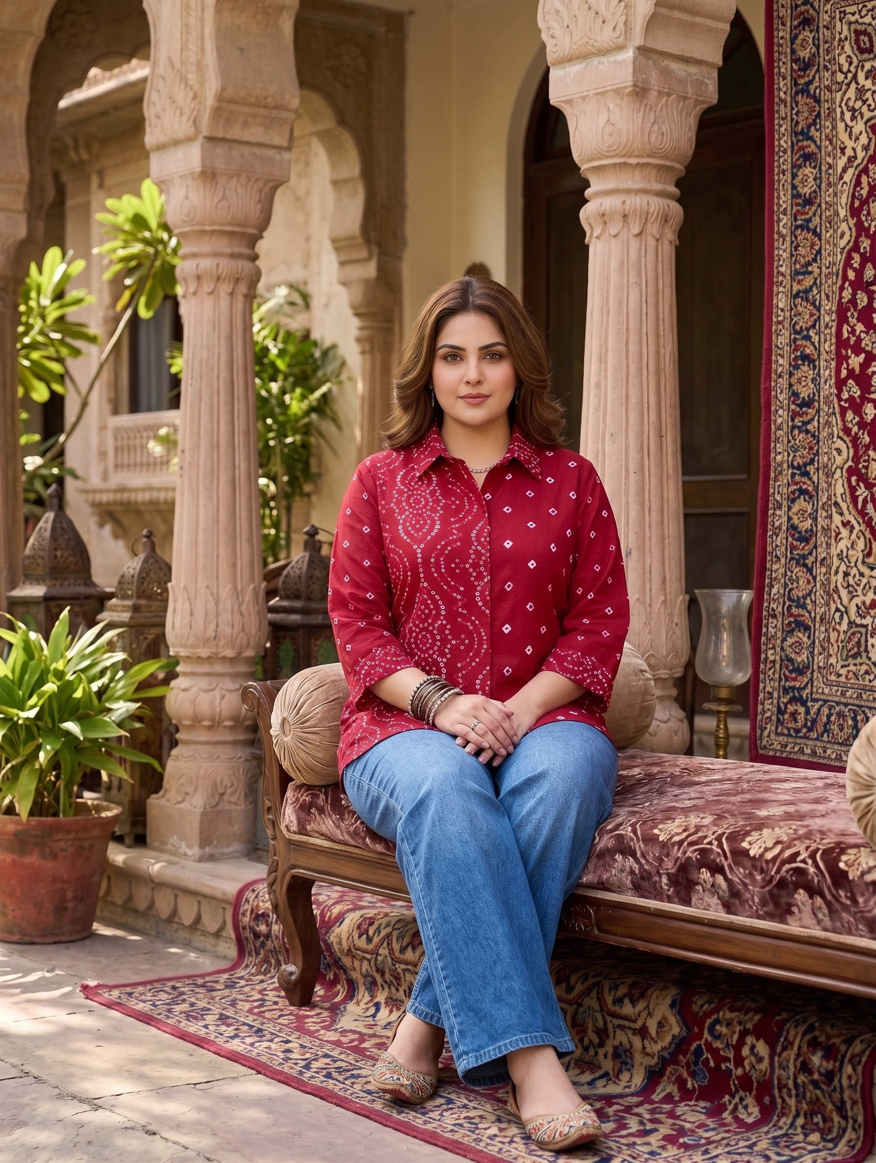 Plus Size Red Bandhani Printed Cotton Shirt for Women | Collared Button-Down Casual Shirt