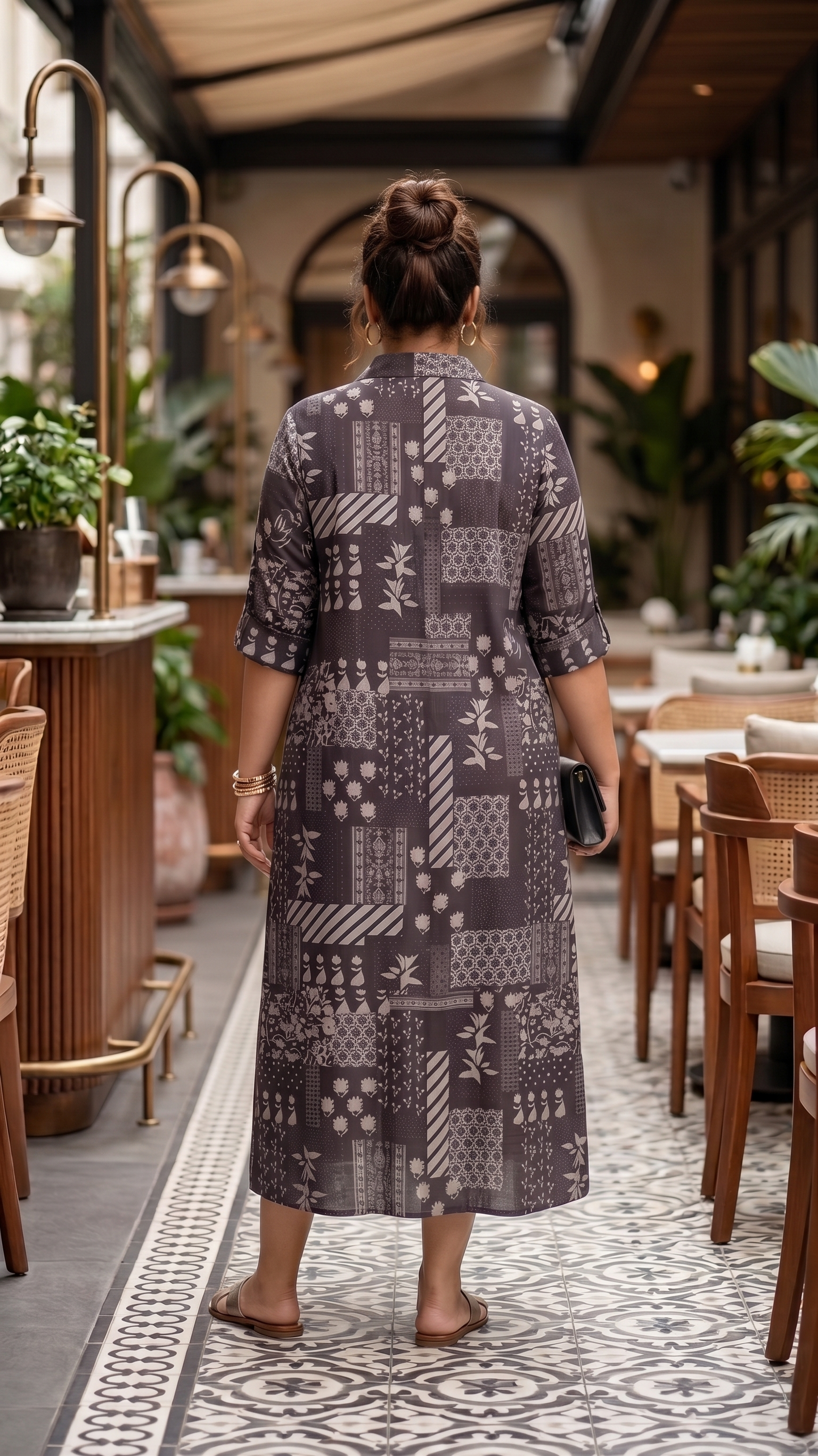 Plus Size Brown Printed Cotton Midi Dress for Women | Collared Button-Down A-Line Dress