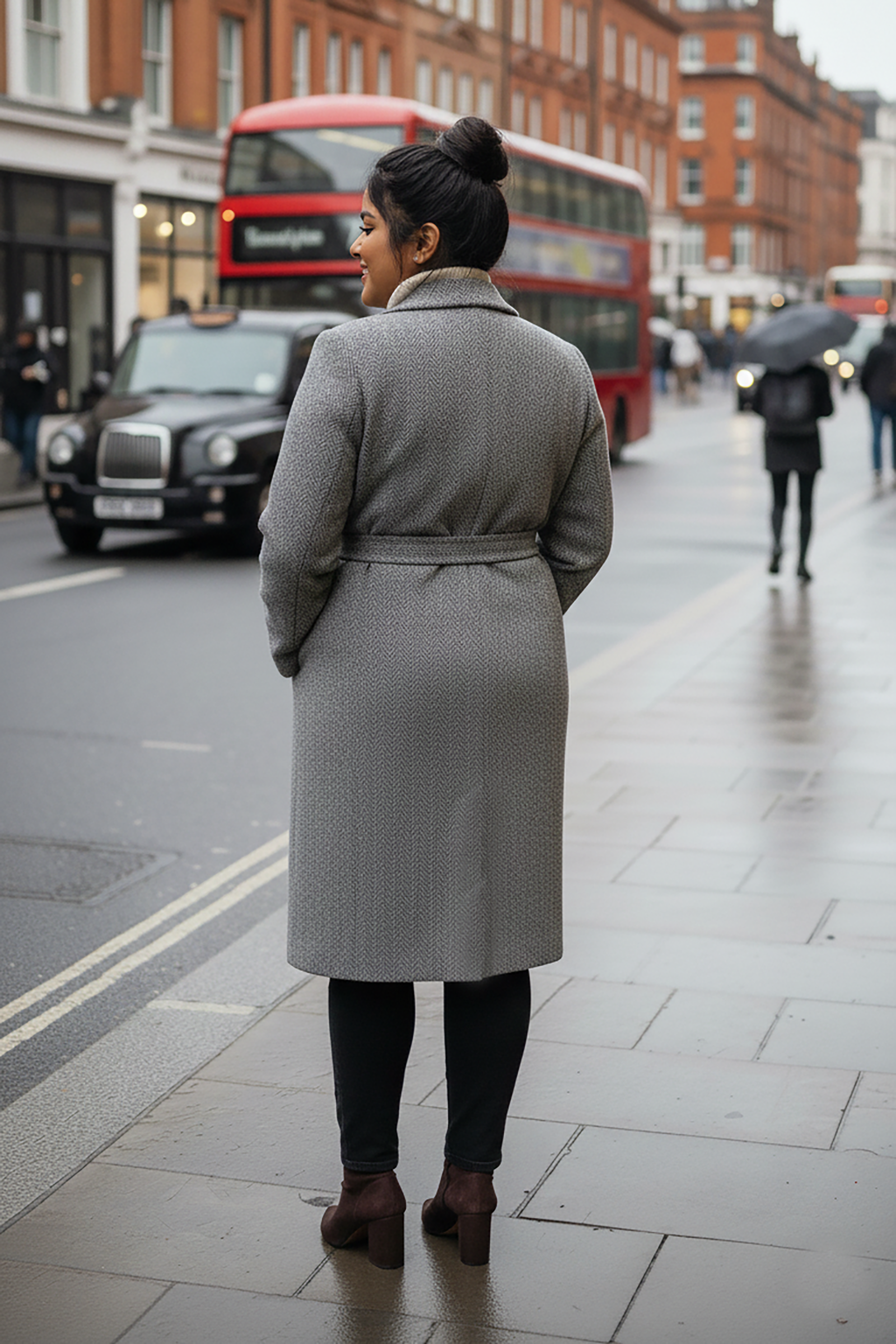 Plus Size Elegant Grey Wool-Blend Long Coat with Belt