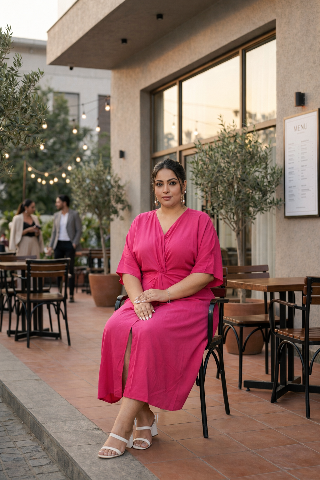 Hot Pink Front Knot V-Neck Dress