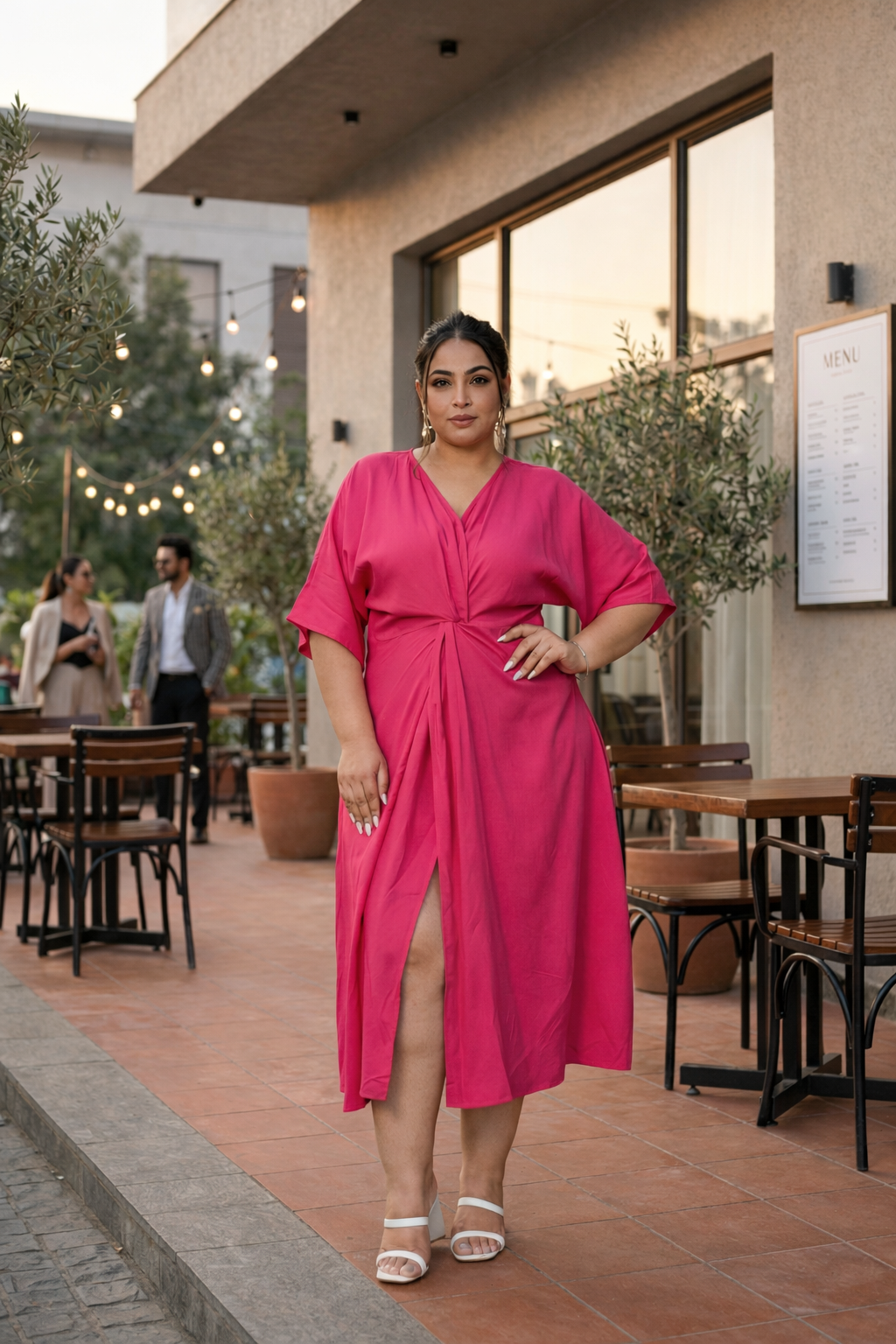 Hot Pink Front Knot V-Neck Dress