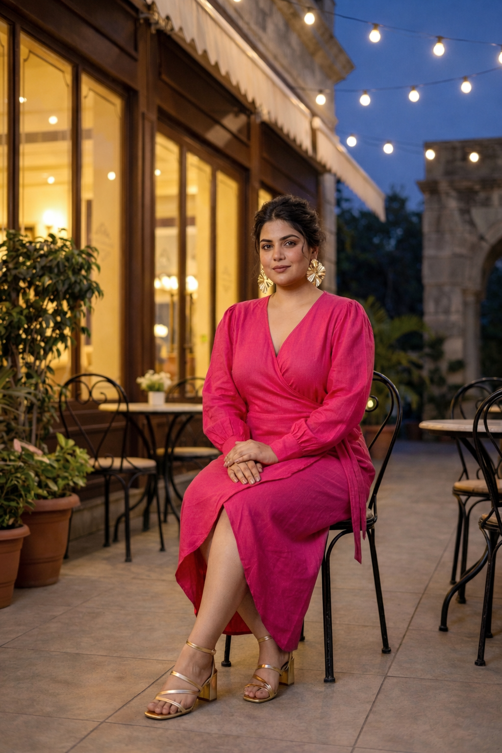 Hot Pink Wrap V-Neck Gown